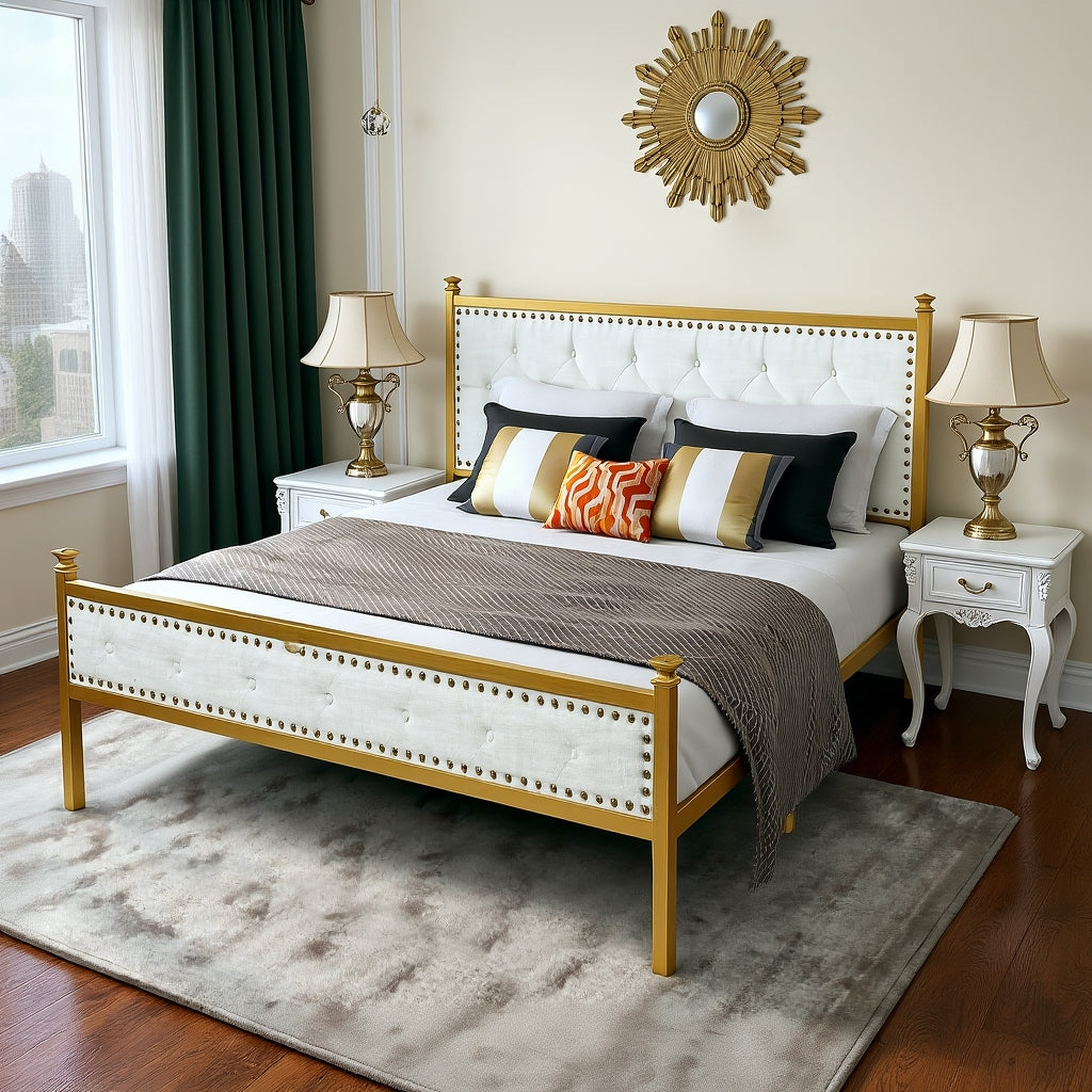 Veleda Mid-Century Upholstered Queen Bed Frame with Gold Accents