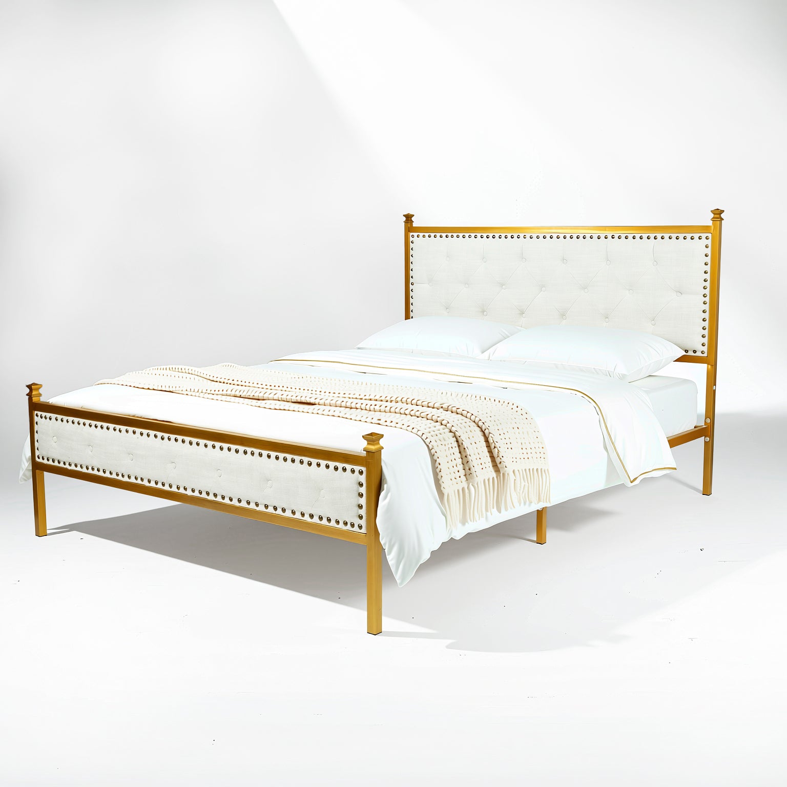 Veleda Mid-Century Upholstered Queen Bed Frame with Gold Accents