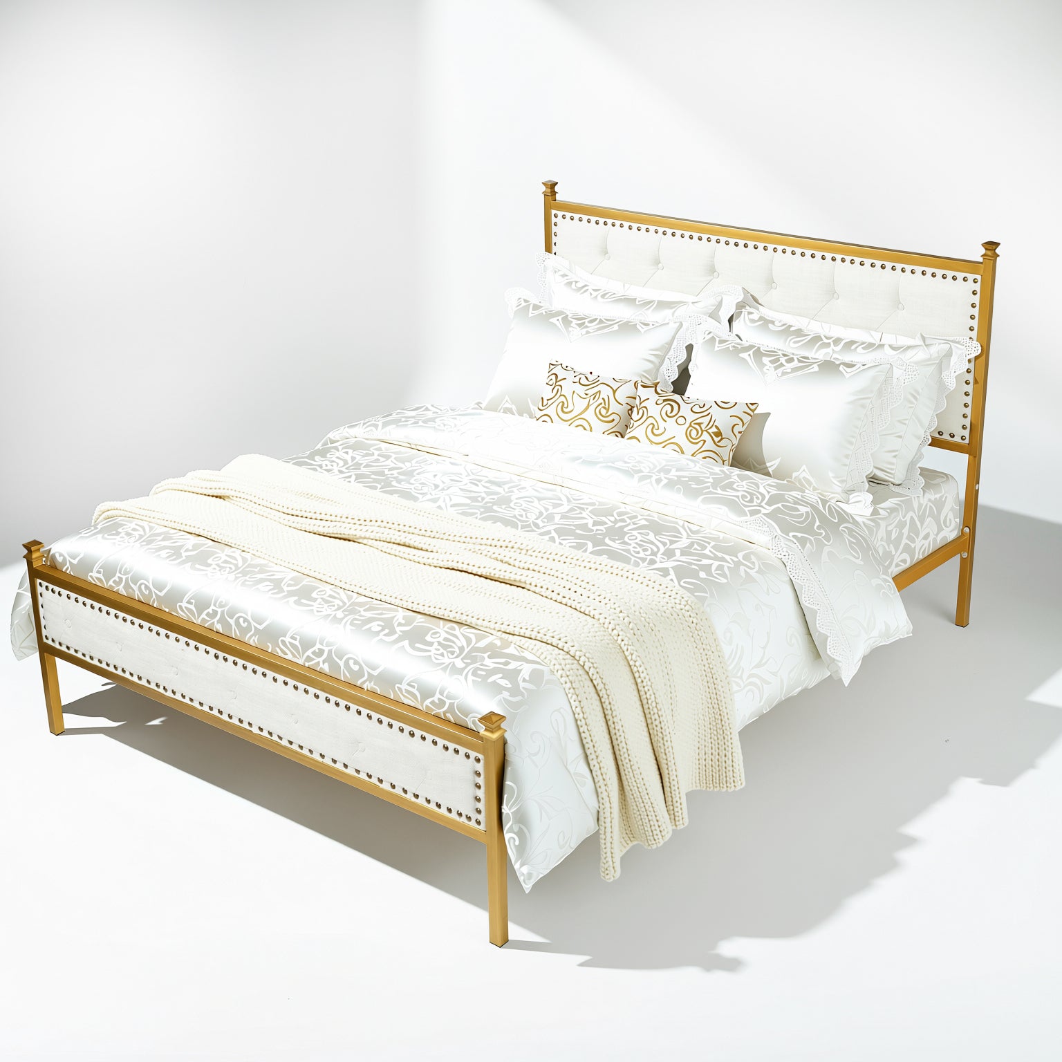 Veleda Mid-Century Upholstered Queen Bed Frame with Gold Accents