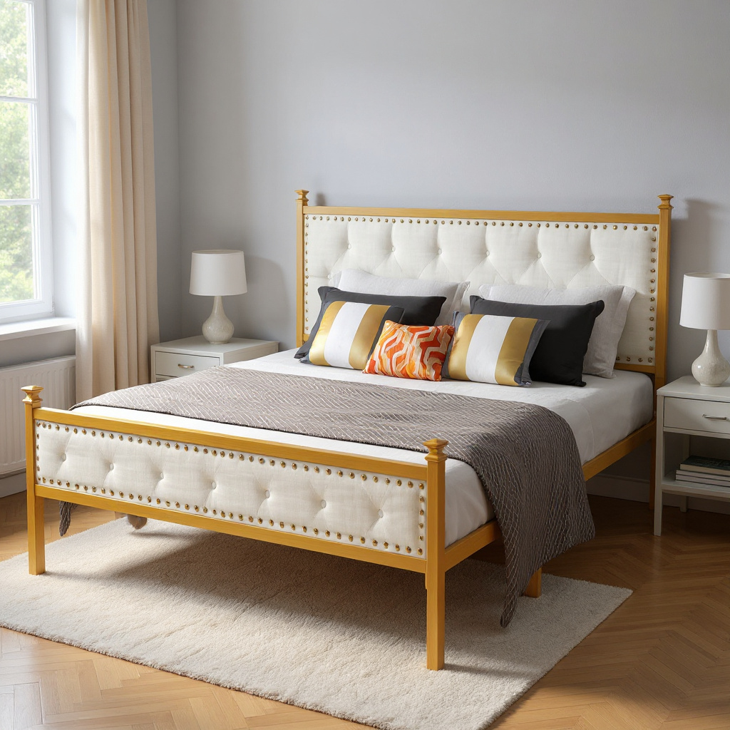 Veleda Mid-Century Upholstered Queen Bed Frame with Gold Accents