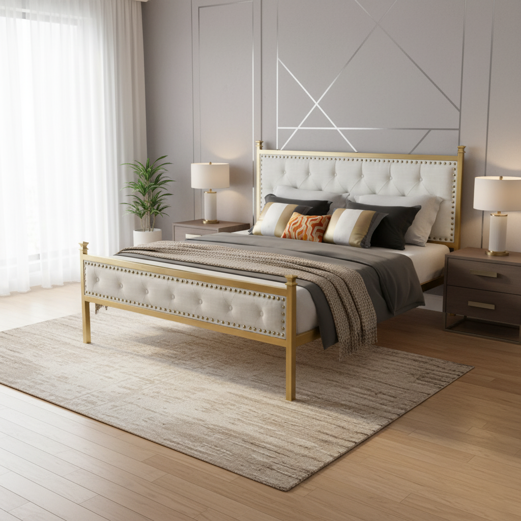 Veleda Mid-Century Upholstered Queen Bed Frame with Gold Accents