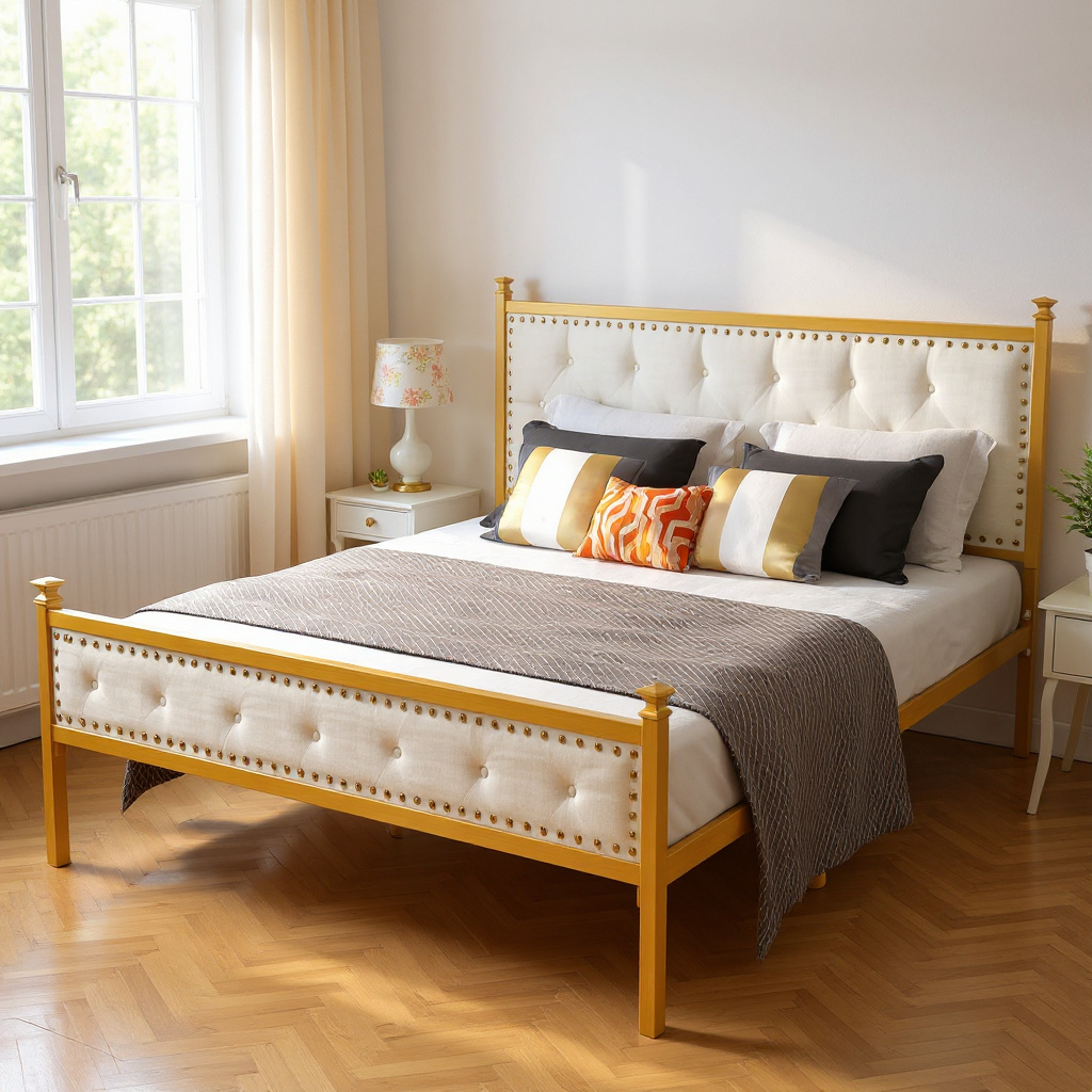 Veleda Mid-Century Upholstered Queen Bed Frame with Gold Accents