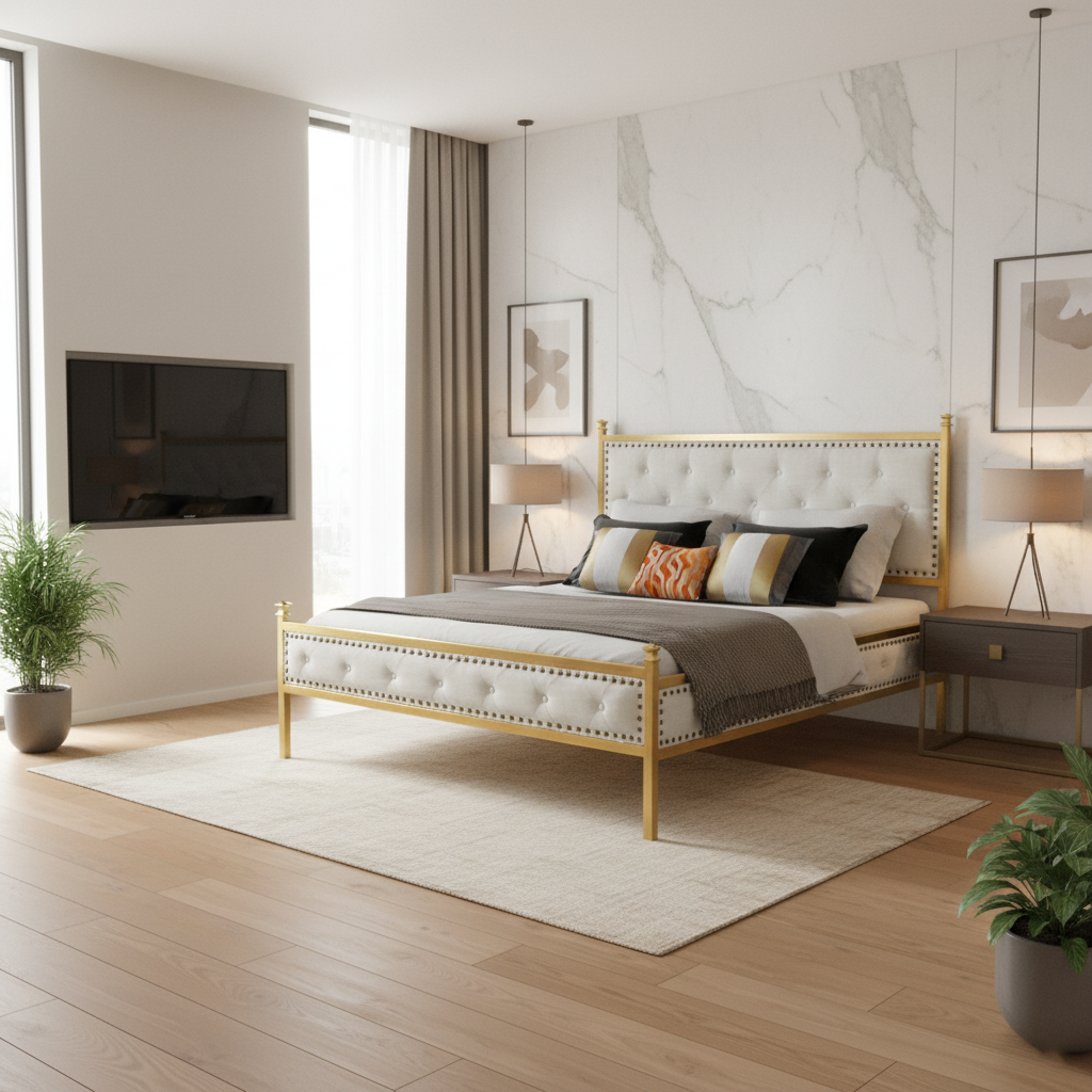 Homy Casa Veleda Mid-Century Upholstered Queen Bed Frame with Gold Accents