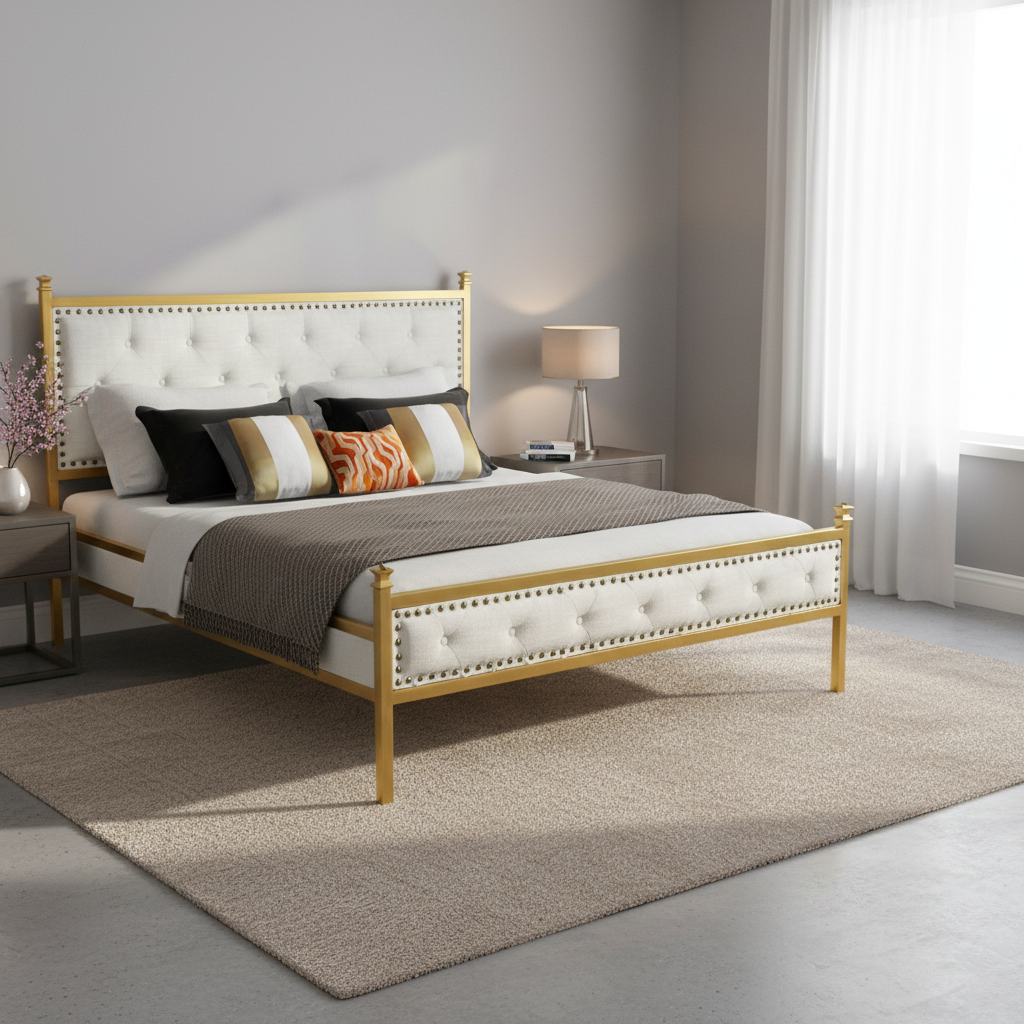 Homy Casa Veleda Mid-Century Upholstered Queen Bed Frame with Gold Accents