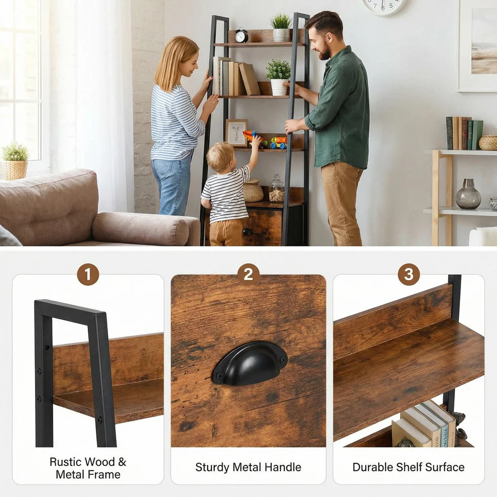Homy Casa VERA 5-Tire DRAWER Crimson Ladder Shelf Living Room in Vintage Brown