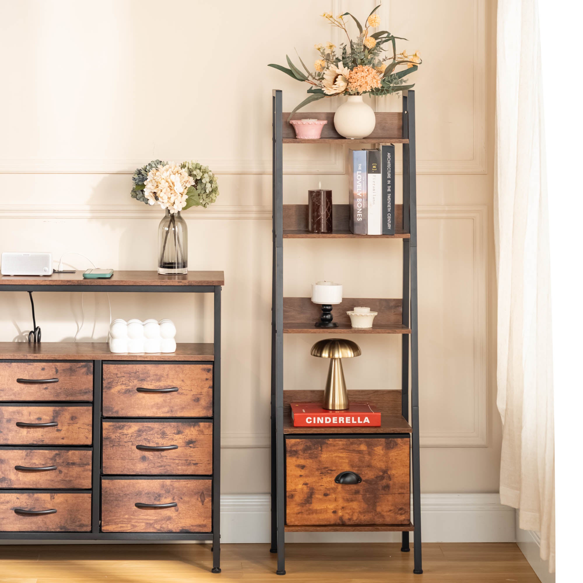 Homy Casa VERA 5 Tire DRAWER Crimson Ladder Shelf Living Room