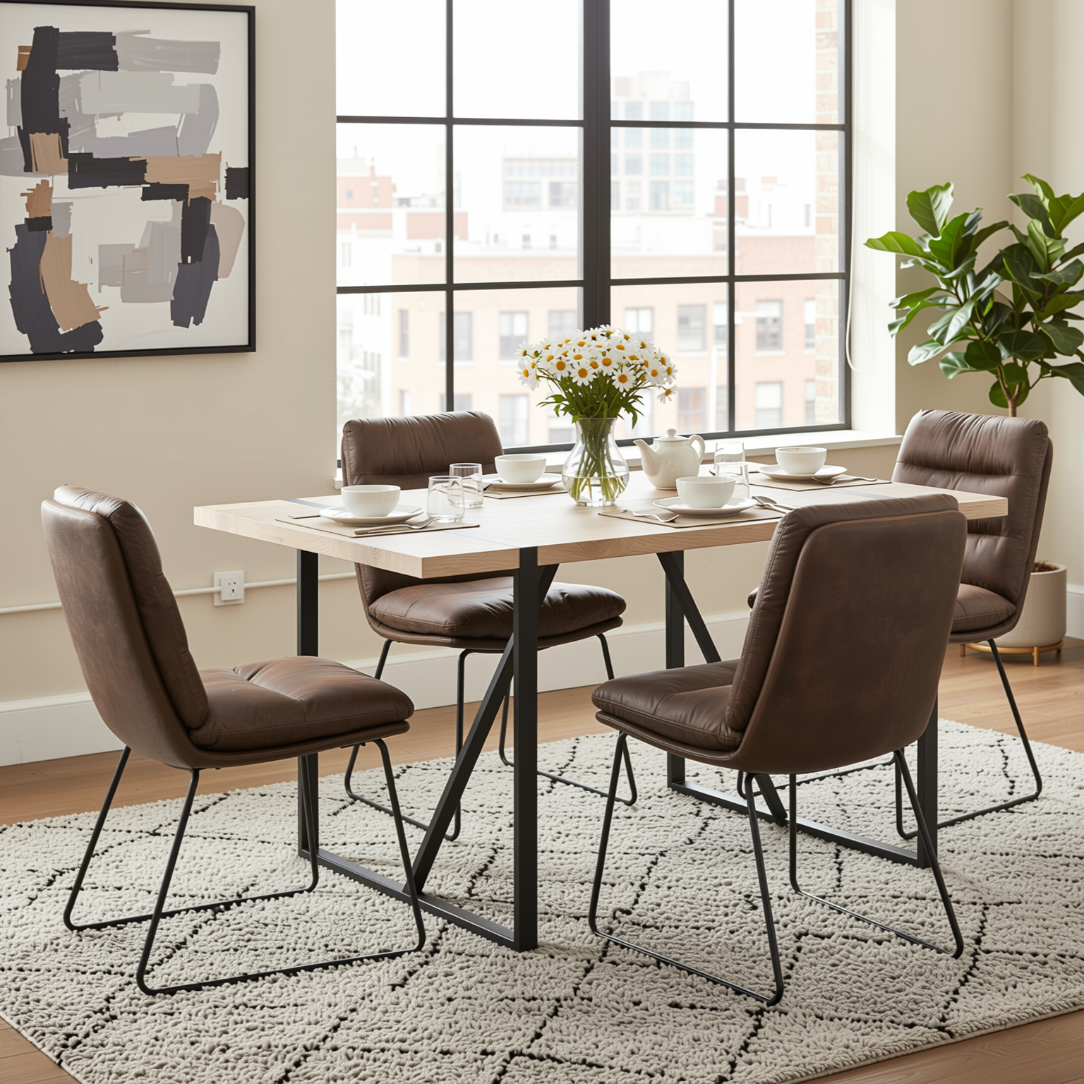Homy Casa VEXA+STEFFEN 5PC Kitchen Dining Set 55.1" Table with 4 Brown Upholstered Dining Chairs Open Box