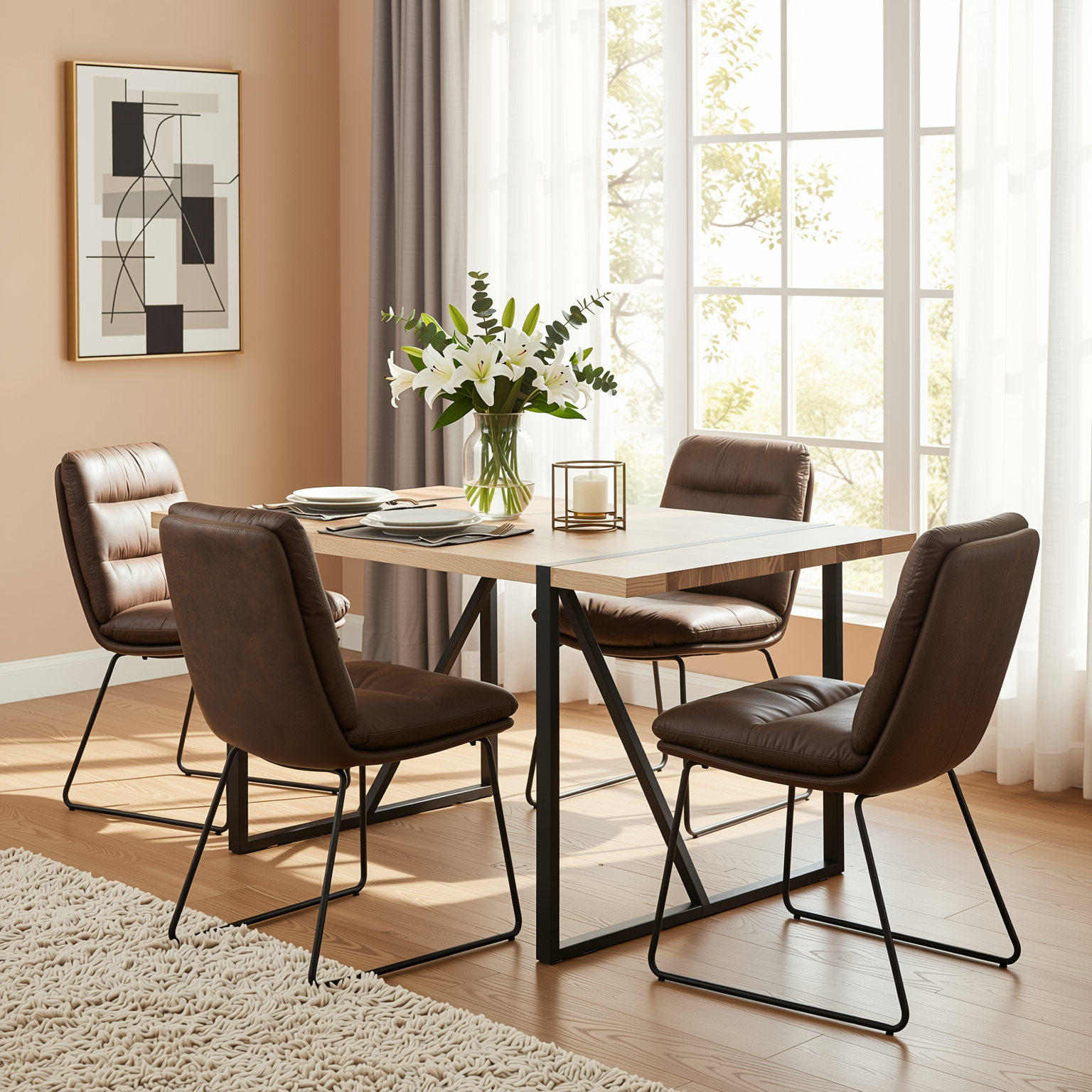Homy Casa VEXA+STEFFEN 5PC Kitchen Dining Set 55.1" Table with 4 Brown Upholstered Dining Chairs Open Box