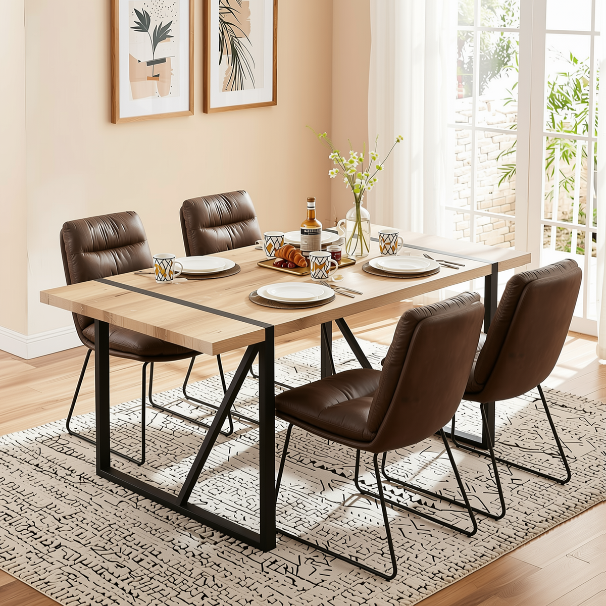 Homy Casa VEXA+STEFFEN 5PC Kitchen Dining Set 55.1" Table with 4 Brown Upholstered Dining Chairs Open Box