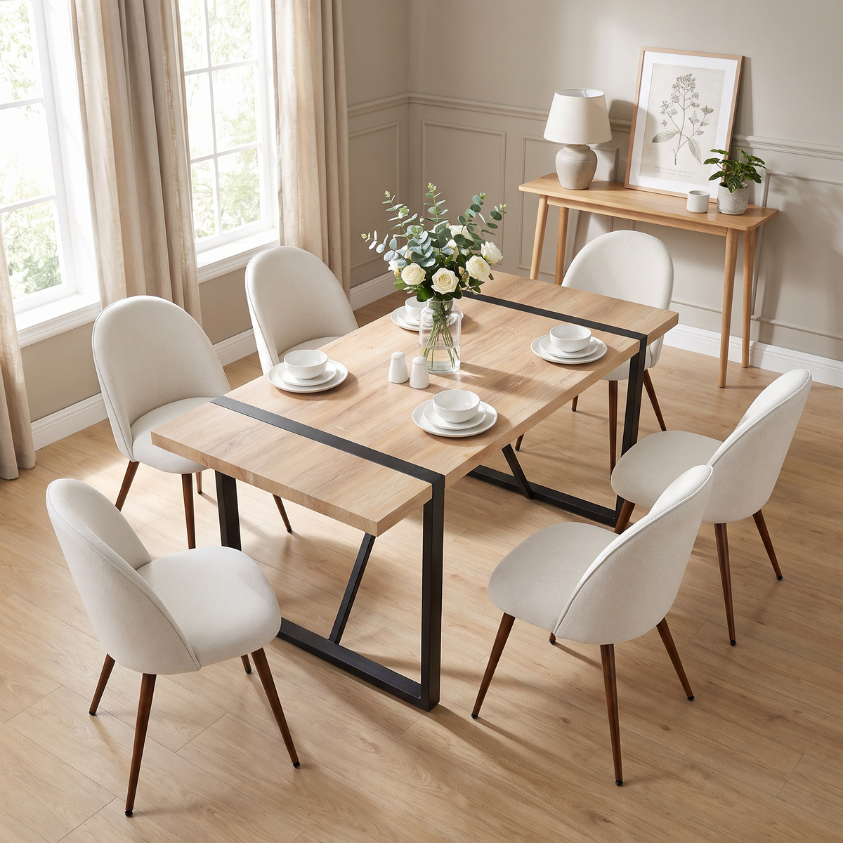 Homy Casa VEXA+HAVEN 7PC Dining Set 55” Rectangular Dining Table with 6 Beige Upholstered Chairs Open Box