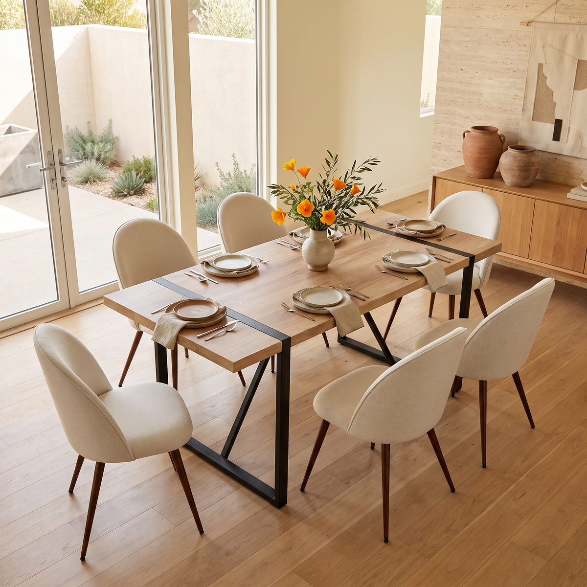Homy Casa VEXA+HAVEN 7PC Dining Set 55” Rectangular Dining Table with 6 Beige Upholstered Chairs Open Box