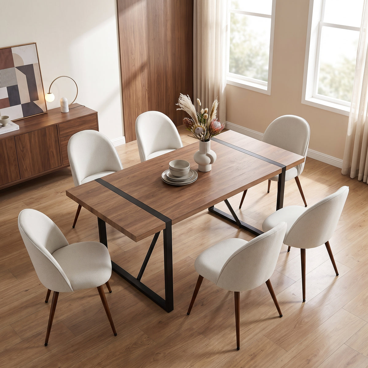 Homy Casa VEXA+HAVEN 7PC Dining Set 55” Rectangular Dining Table with 6 Beige Upholstered Chairs Open Box
