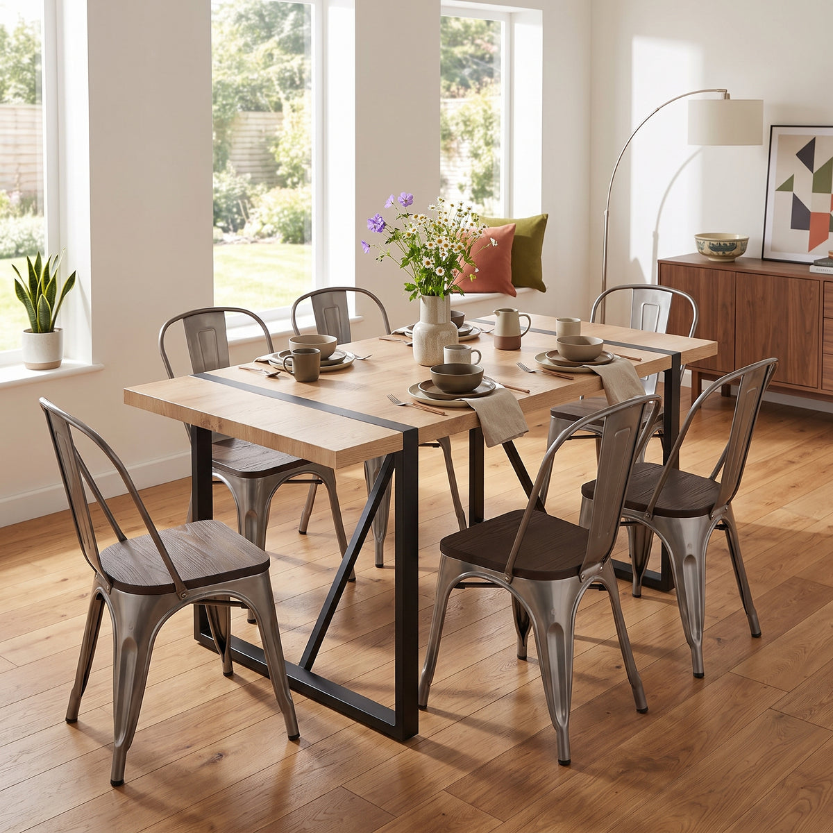 Homy Casa VEXA+KRICOX 7PC Dining Set 55.1" Table with 6 KRICOX Silver Wood Chairs in Matte Black and Silver Open Box