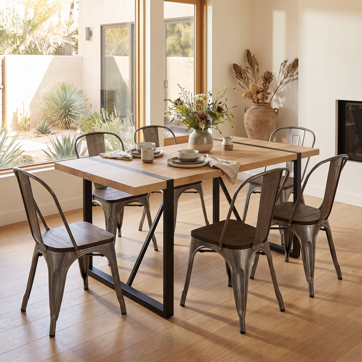 Homy Casa VEXA+KRICOX 7PC Dining Set 55.1" Table with 6 KRICOX Silver Wood Chairs in Matte Black and Silver Open Box