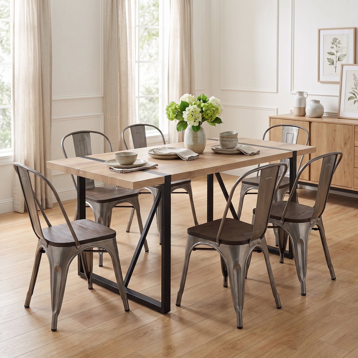 Homy Casa VEXA+KRICOX 7PC Dining Set 55.1" Table with 6 KRICOX Silver Wood Chairs in Matte Black and Silver Open Box