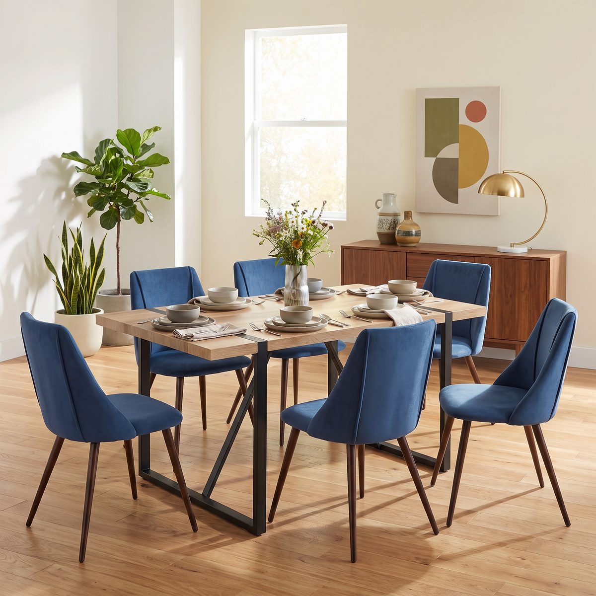 Homy Casa VEXA+SMEG 7PC Dining Set 55.1” Table with 6 SMEG Dark Blue Upholstered Chairs Open Box