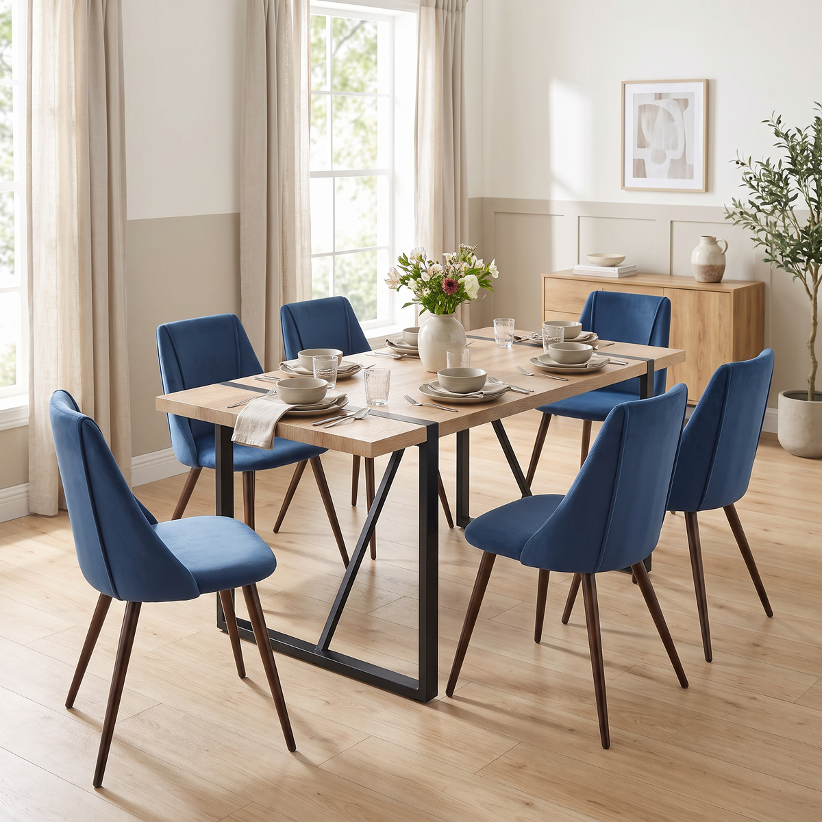 Homy Casa VEXA+SMEG 7PC Dining Set 55.1” Table with 6 SMEG Dark Blue Upholstered Chairs Open Box