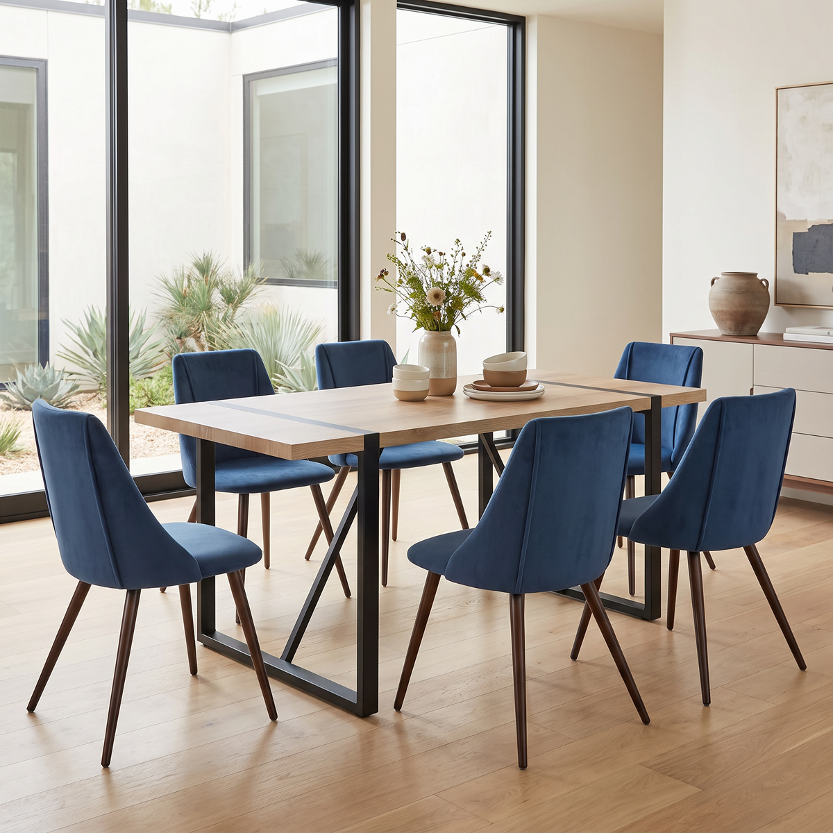 Homy Casa VEXA+SMEG 7PC Dining Set 55.1” Table with 6 SMEG Dark Blue Upholstered Chairs Open Box
