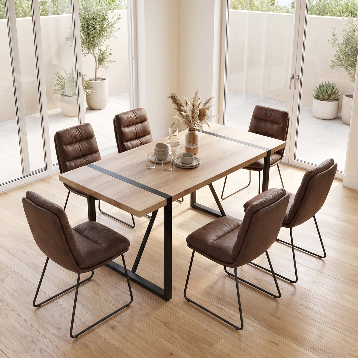 Homy Casa VEXA+STEFFEN 7PC Dining Set with 55” Table and 6 STEFFEN Brown Fabric Chairs in Black and Brown Open Box