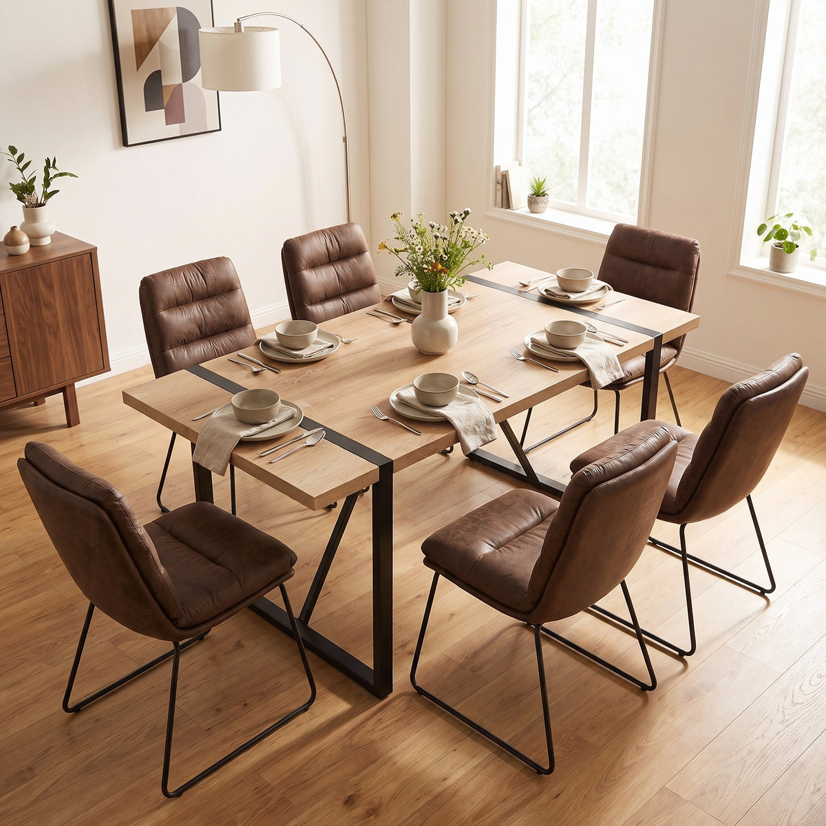 Homy Casa VEXA+STEFFEN 7PC Dining Set with 55” Table and 6 STEFFEN Brown Fabric Chairs in Black and Brown Open Box