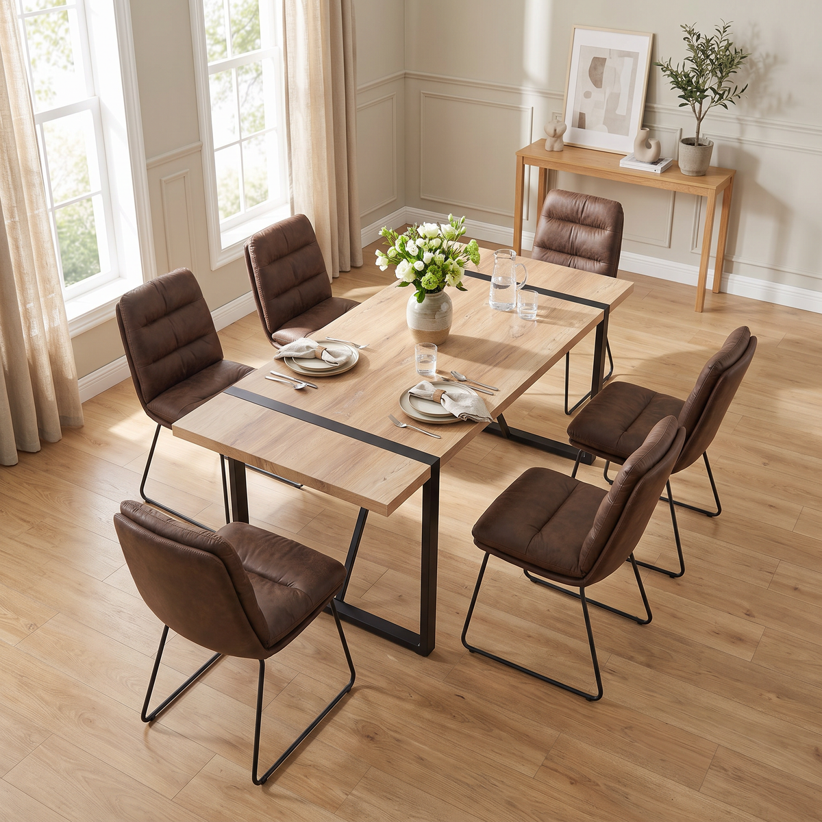 Homy Casa VEXA+STEFFEN 7PC Dining Set with 55” Table and 6 STEFFEN Brown Fabric Chairs in Black and Brown Open Box