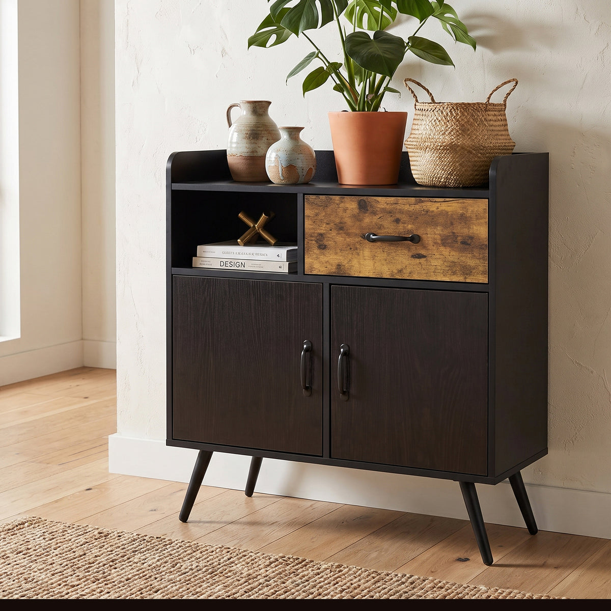 Homy Casa VOLD 31.5" Black Sideboard Storage Cabinet with 2 Drawers, Open Shelf & 2 Doors for Kitchen, Dining Room, Living Room