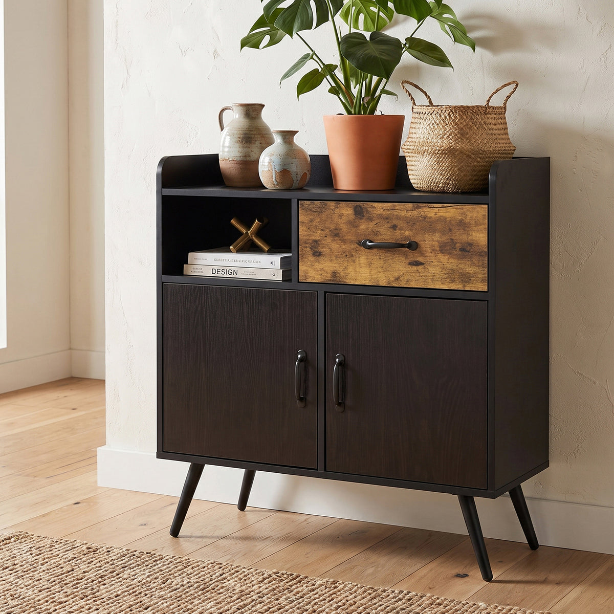 Homy Casa VOLD 31.5" Black Sideboard Storage Cabinet with 2 Drawers, Open Shelf & 2 Doors for Kitchen, Dining Room, Living Room