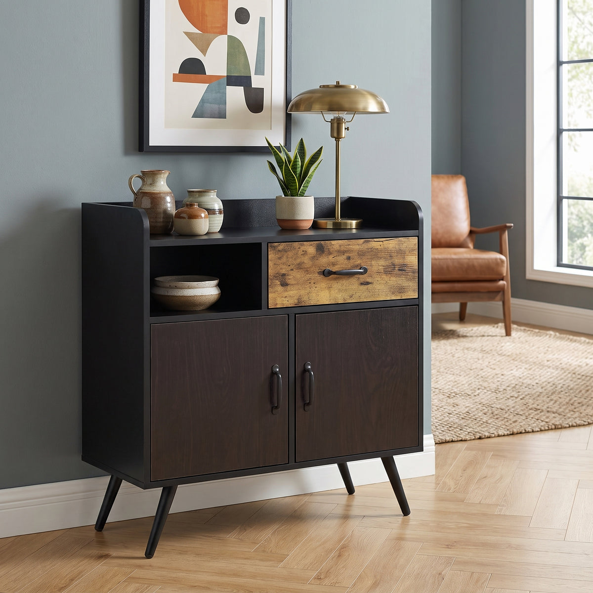 Homy Casa VOLD 31.5" Black Sideboard Storage Cabinet with 2 Drawers, Open Shelf & 2 Doors for Kitchen, Dining Room, Living Room