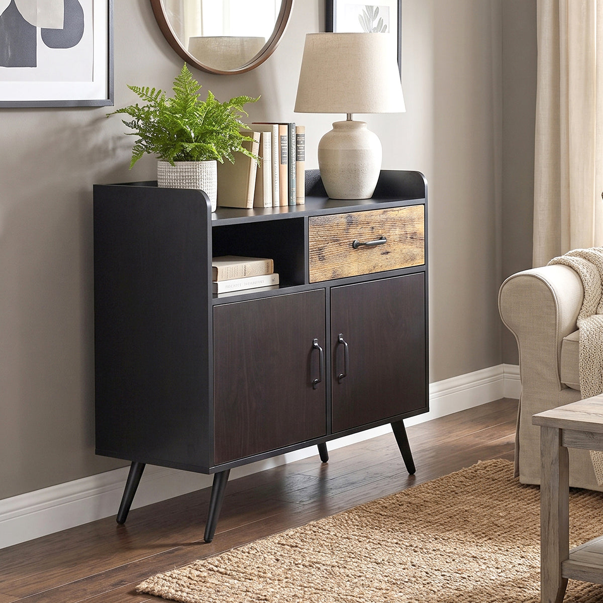 Homy Casa VOLD 31.5" Black Sideboard Storage Cabinet with 2 Drawers, Open Shelf & 2 Doors for Kitchen, Dining Room, Living Room
