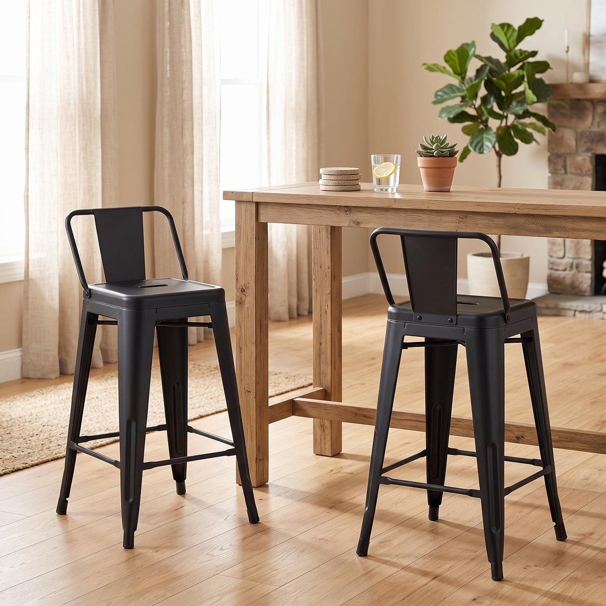 HHomy Casa VUSTU 2PC 24" Counter Height Metal Bar Stool Set with Backrest and Footrest in Black Open Box