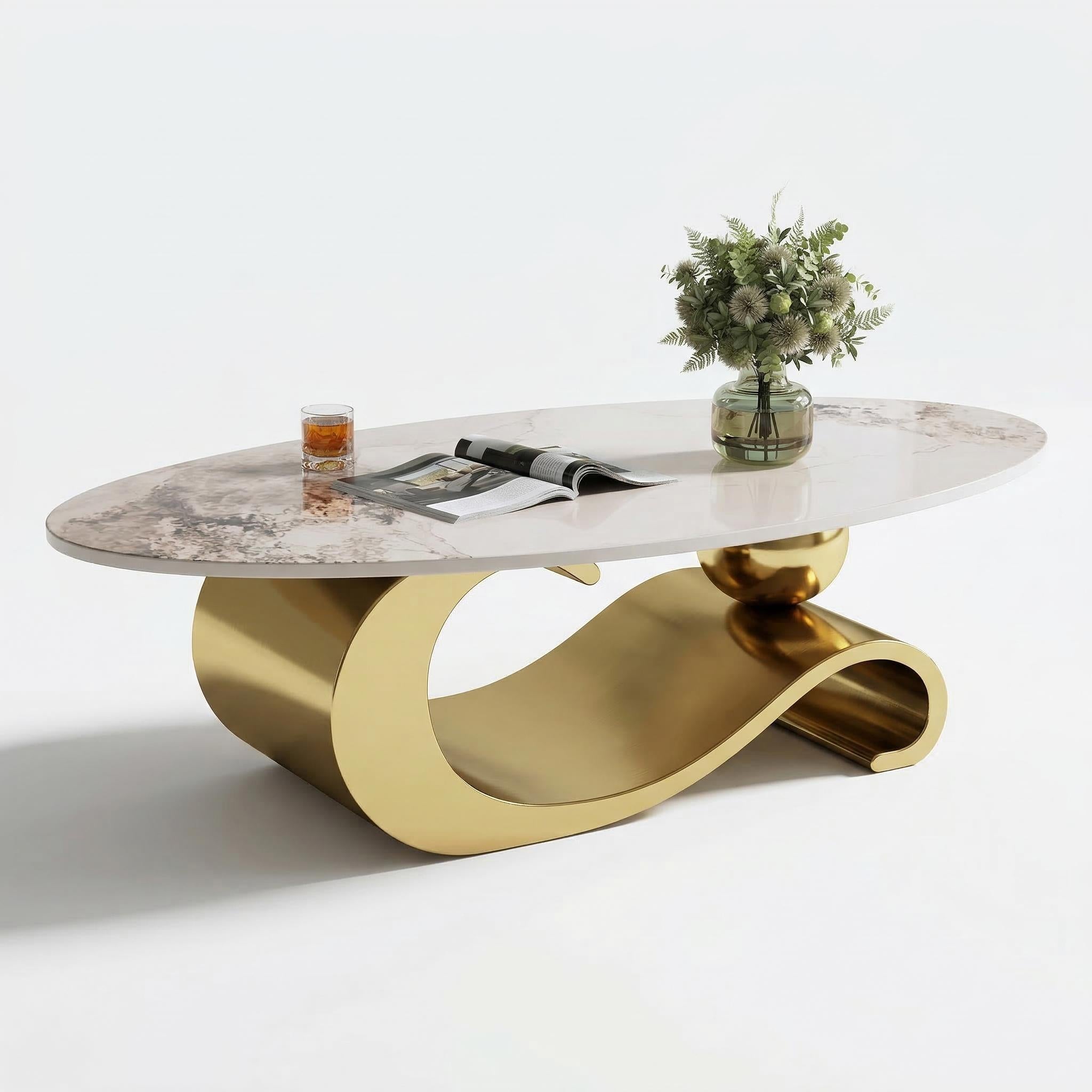 Varese 49" Modern Oval Coffee Table with Marble Top and Sculptural Gold Base
