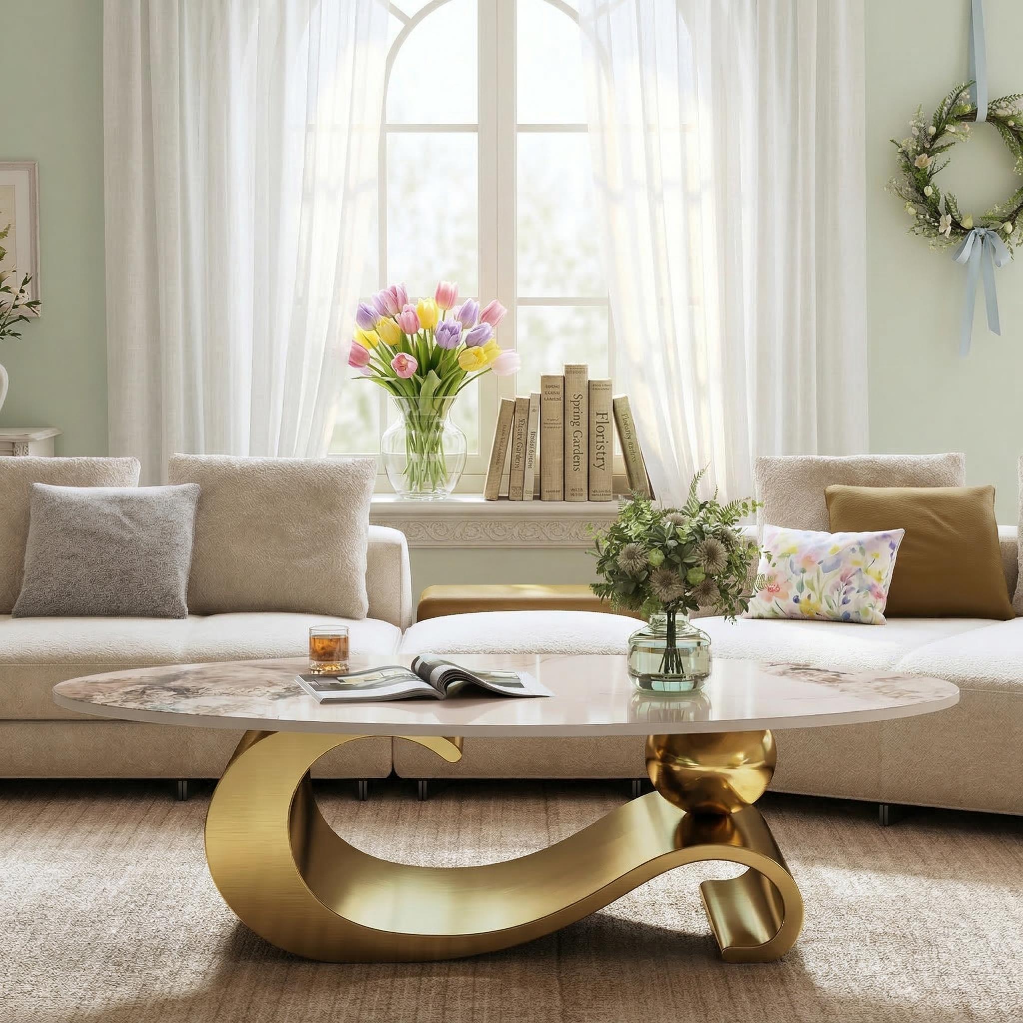 Varese 49" Modern Oval Coffee Table with Marble Top and Sculptural Gold Base