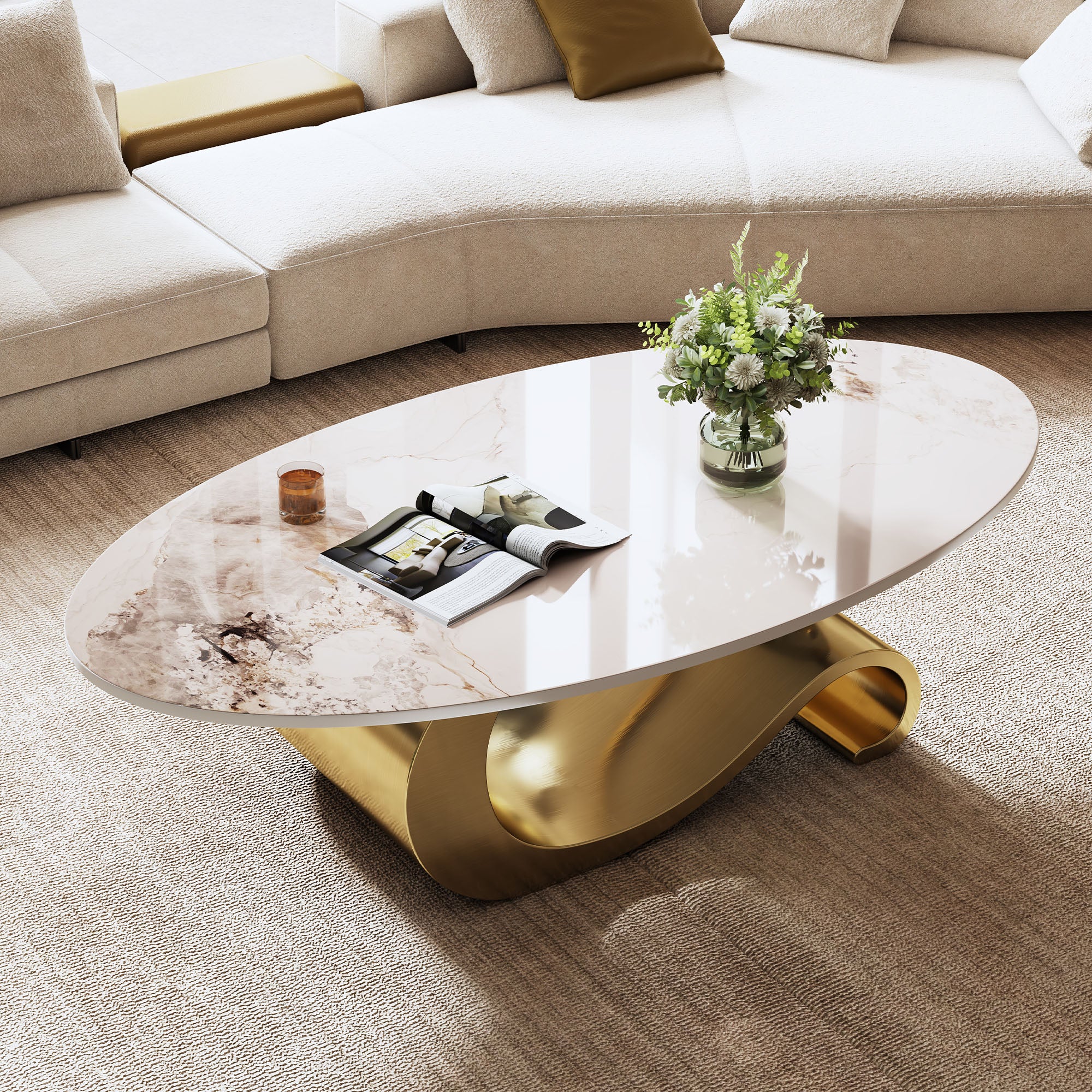 Varese 49" Modern Oval Coffee Table with Marble Top and Sculptural Gold Base