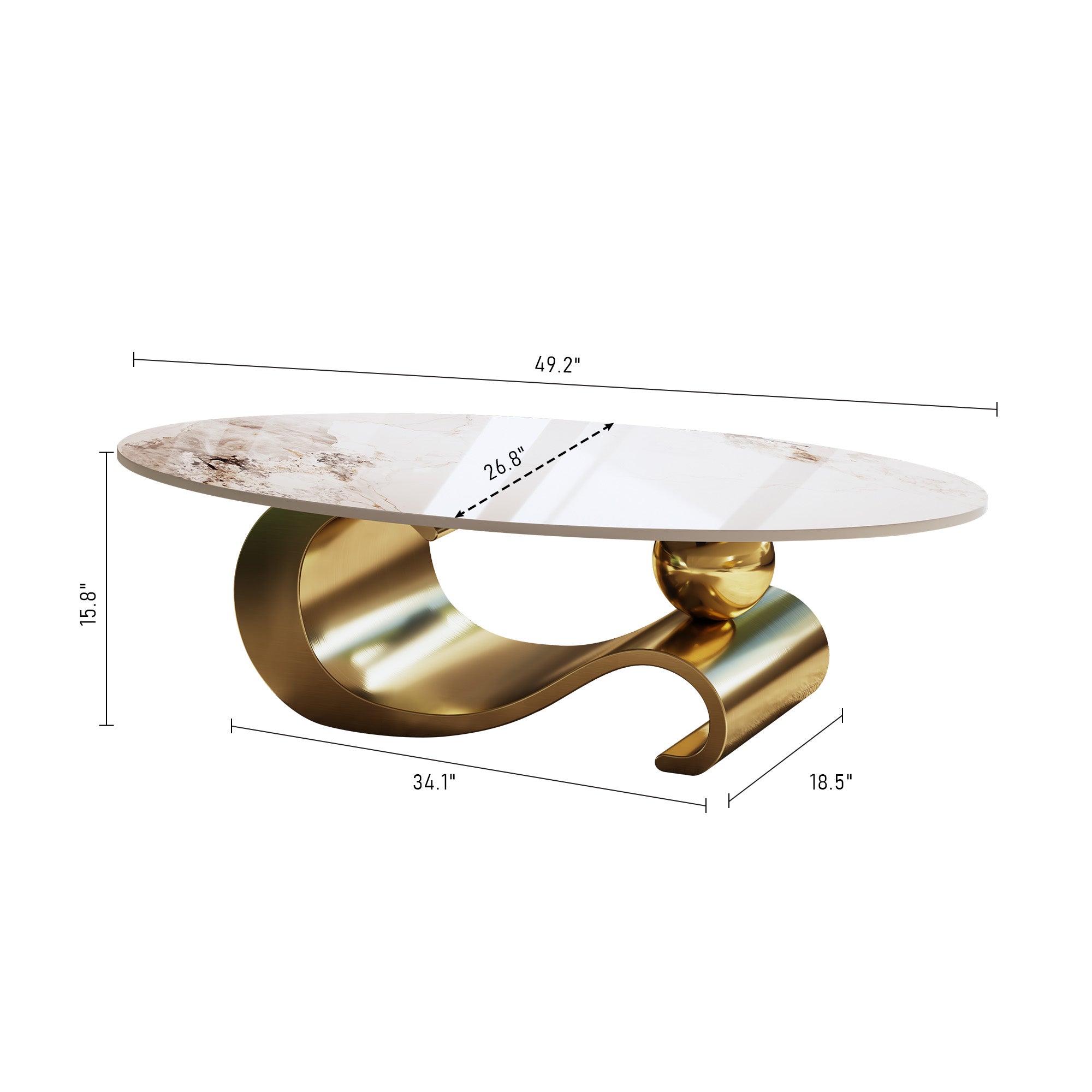 Varese 49" Modern Oval Coffee Table with Marble Top and Sculptural Gold Base