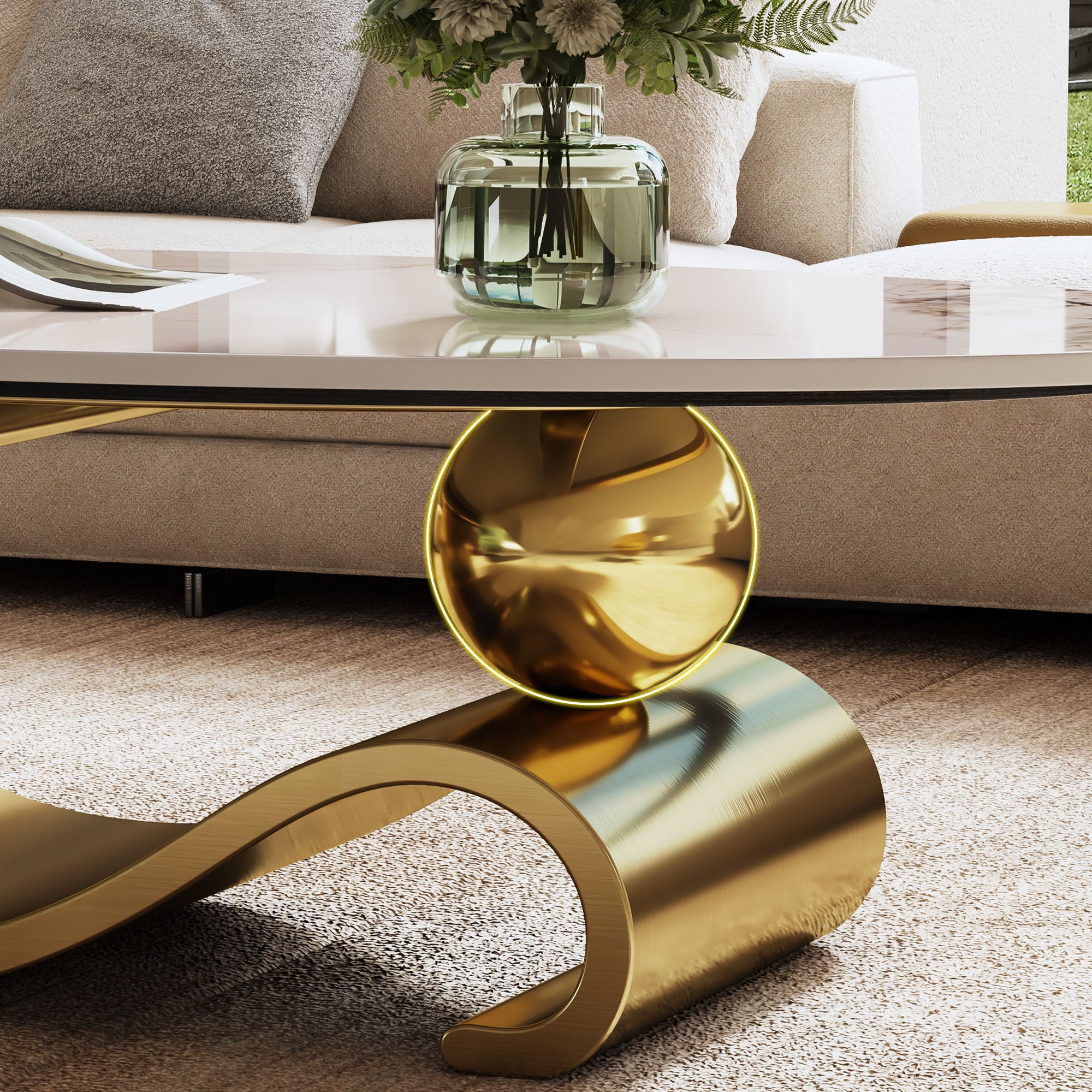Varese 49" Modern Oval Coffee Table with Marble Top and Sculptural Gold Base