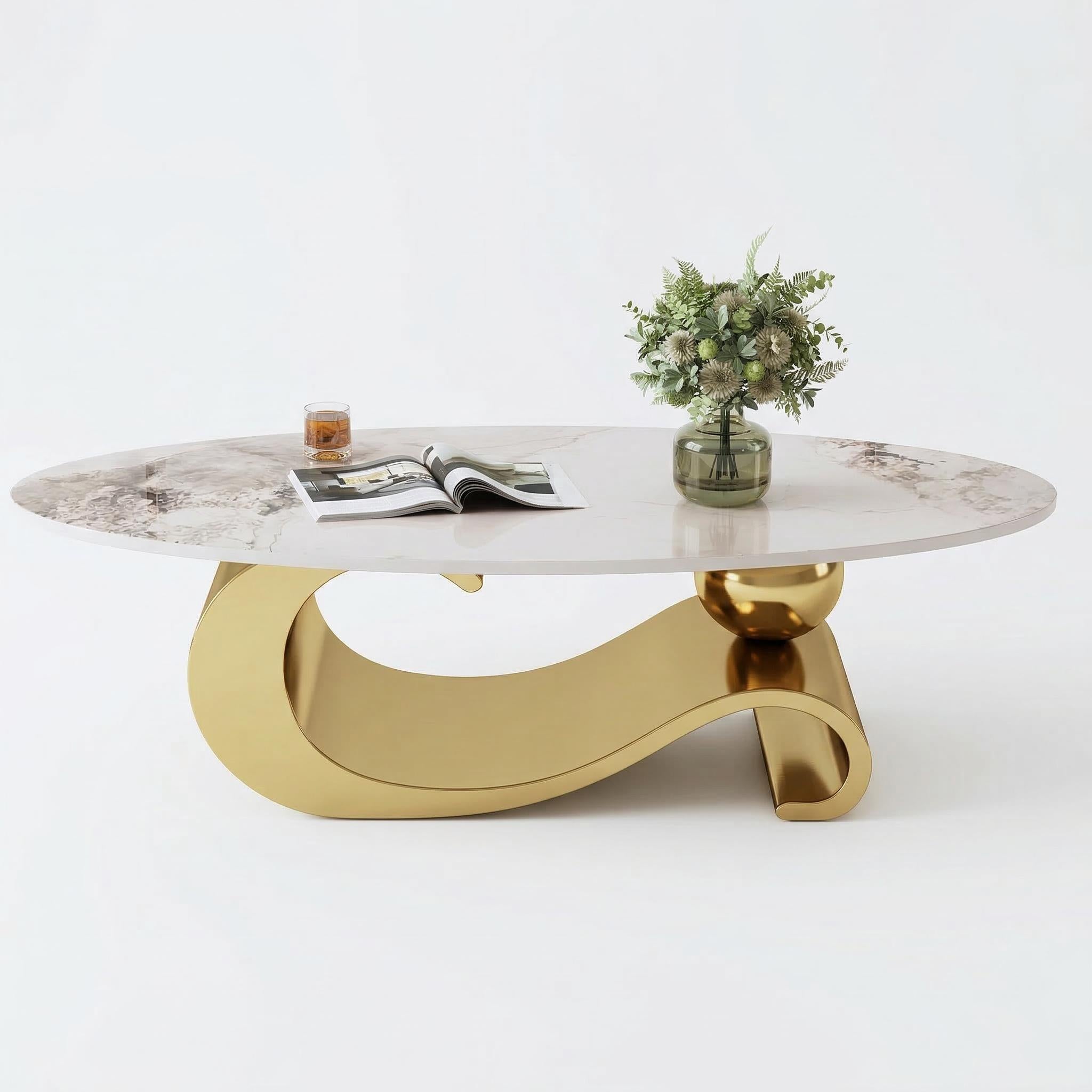 Varese 49" Modern Oval Coffee Table with Marble Top and Sculptural Gold Base