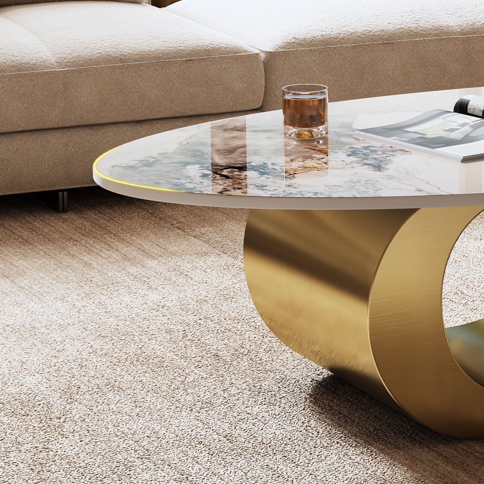 Varese 49" Modern Oval Coffee Table with Marble Top and Sculptural Gold Base