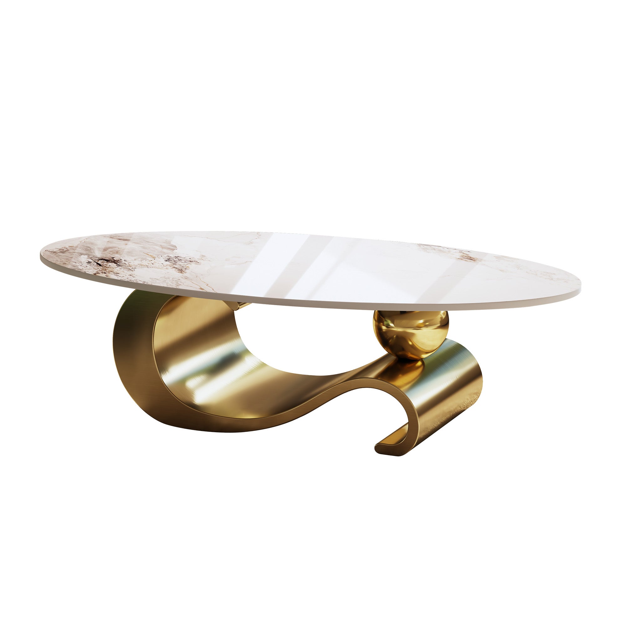 Varese 49" Modern Oval Coffee Table with Marble Top and Sculptural Gold Base