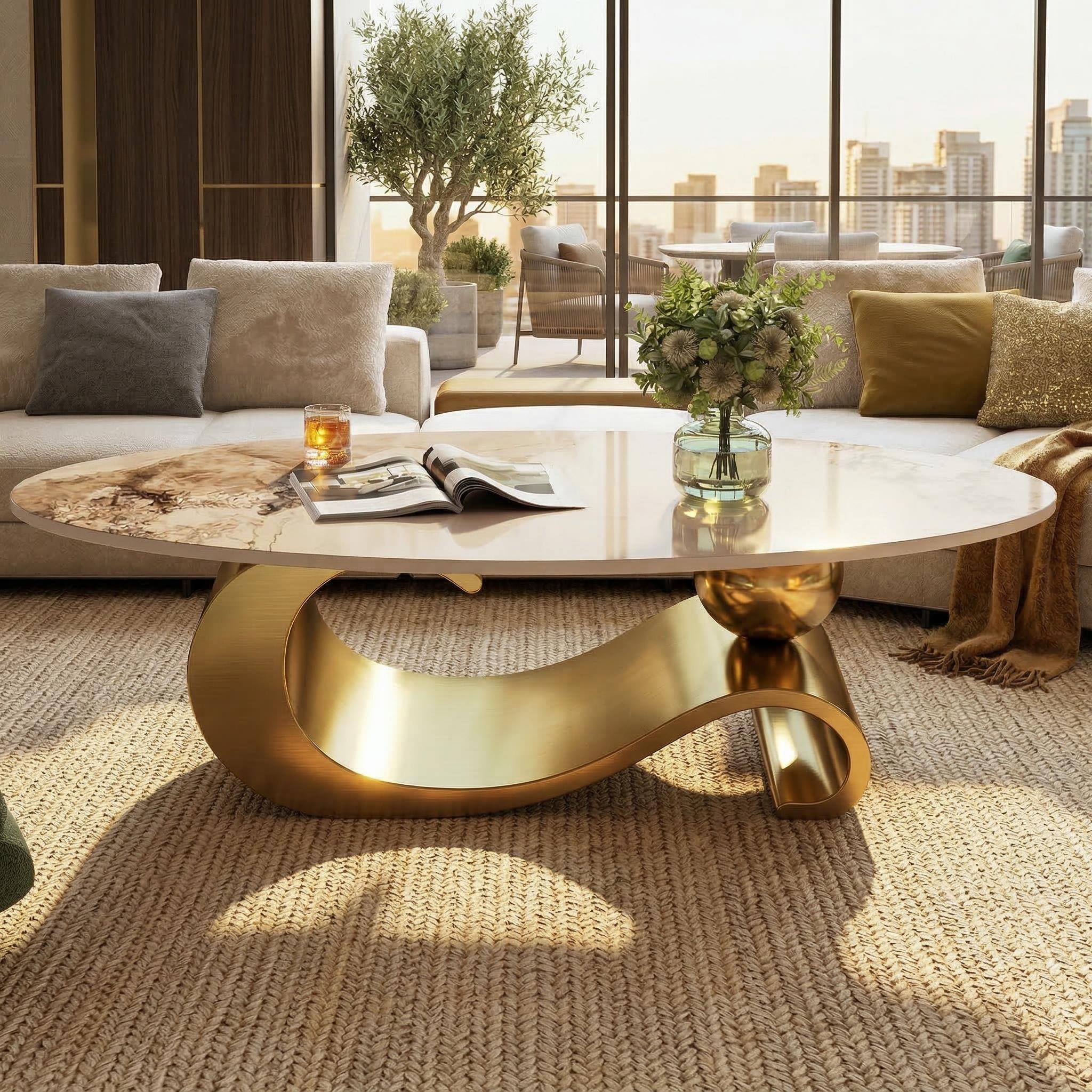 Varese 49" Modern Oval Coffee Table with Marble Top and Sculptural Gold Base