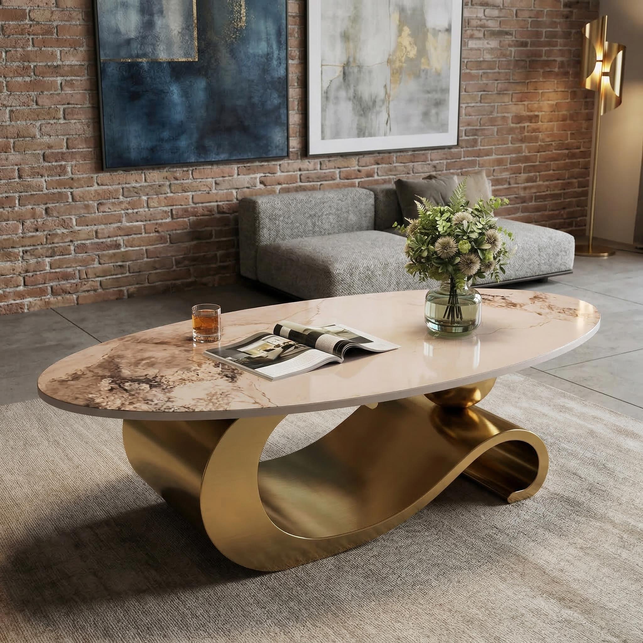 Varese 49" Modern Oval Coffee Table with Marble Top and Sculptural Gold Base