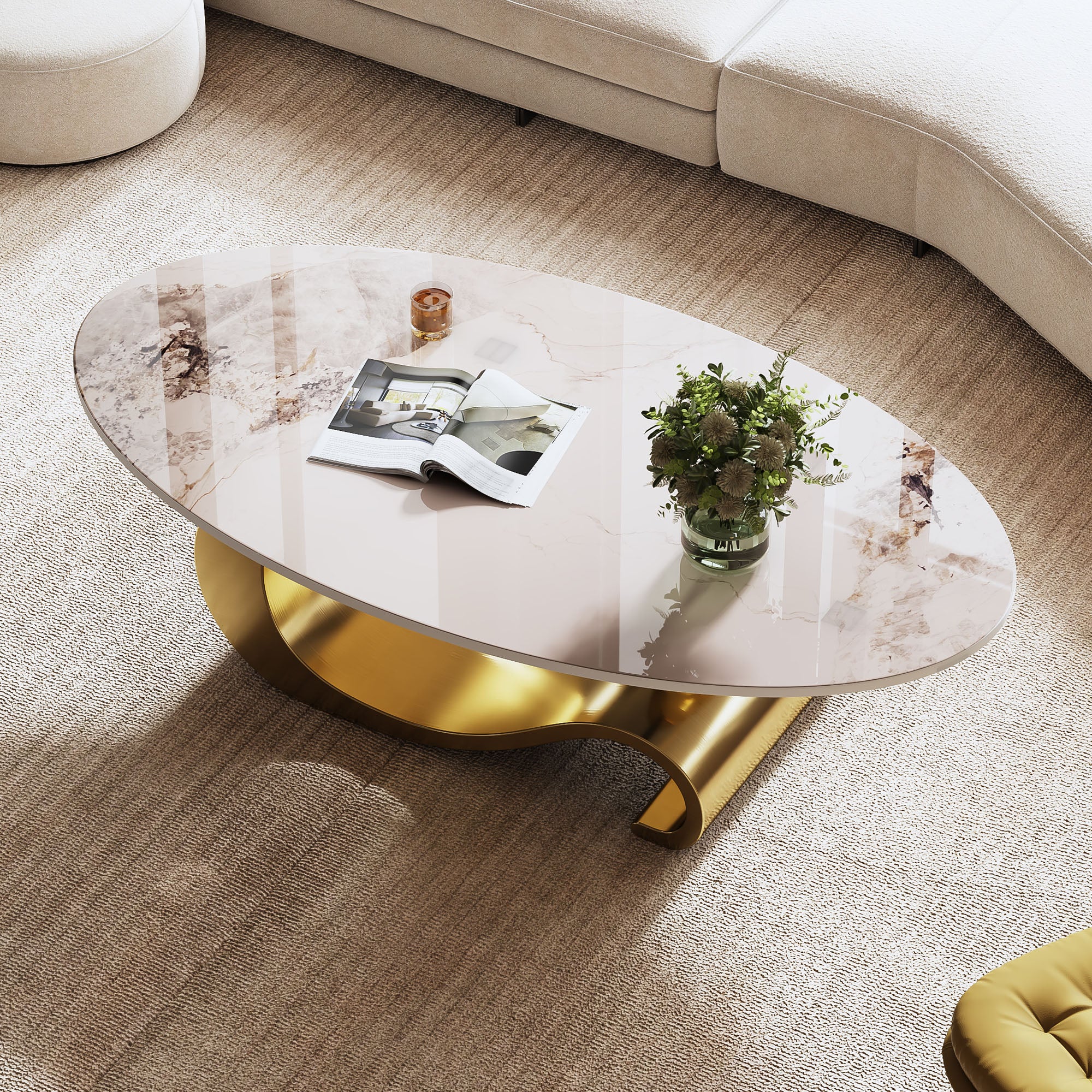Varese 49" Modern Oval Coffee Table with Marble Top and Sculptural Gold Base