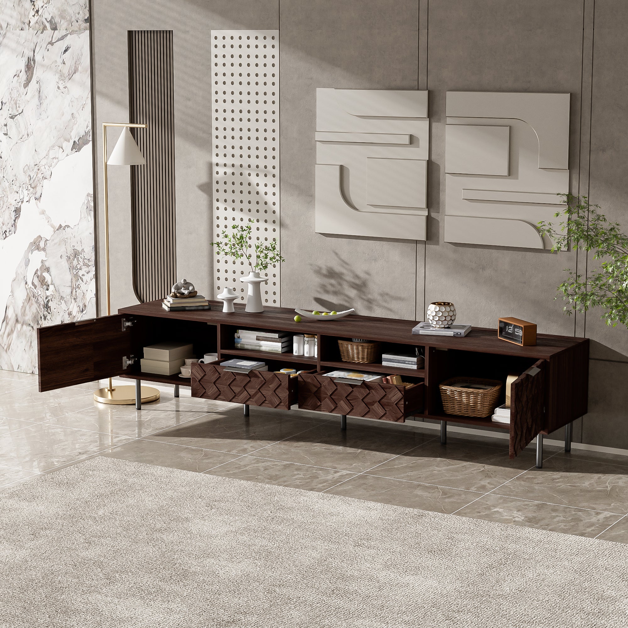 Venice 78" Modern Rustic TV Stand with Storage Cabinets and Open Shelves