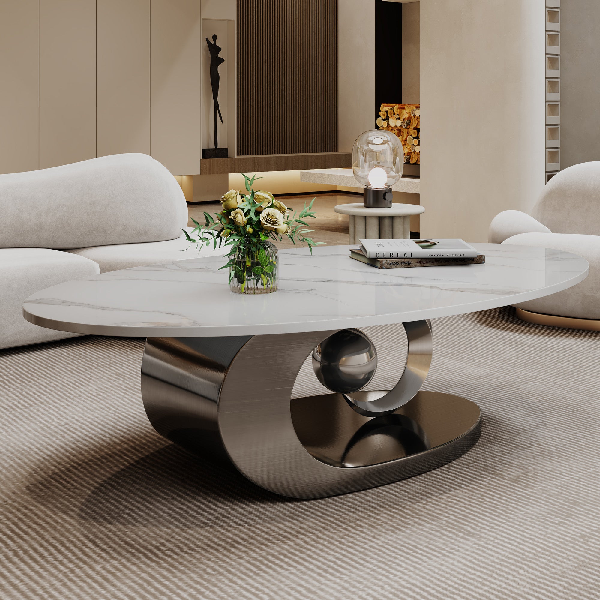Verona 49.2” Marble White Sculptural Oval Coffee Table with Golden Base
