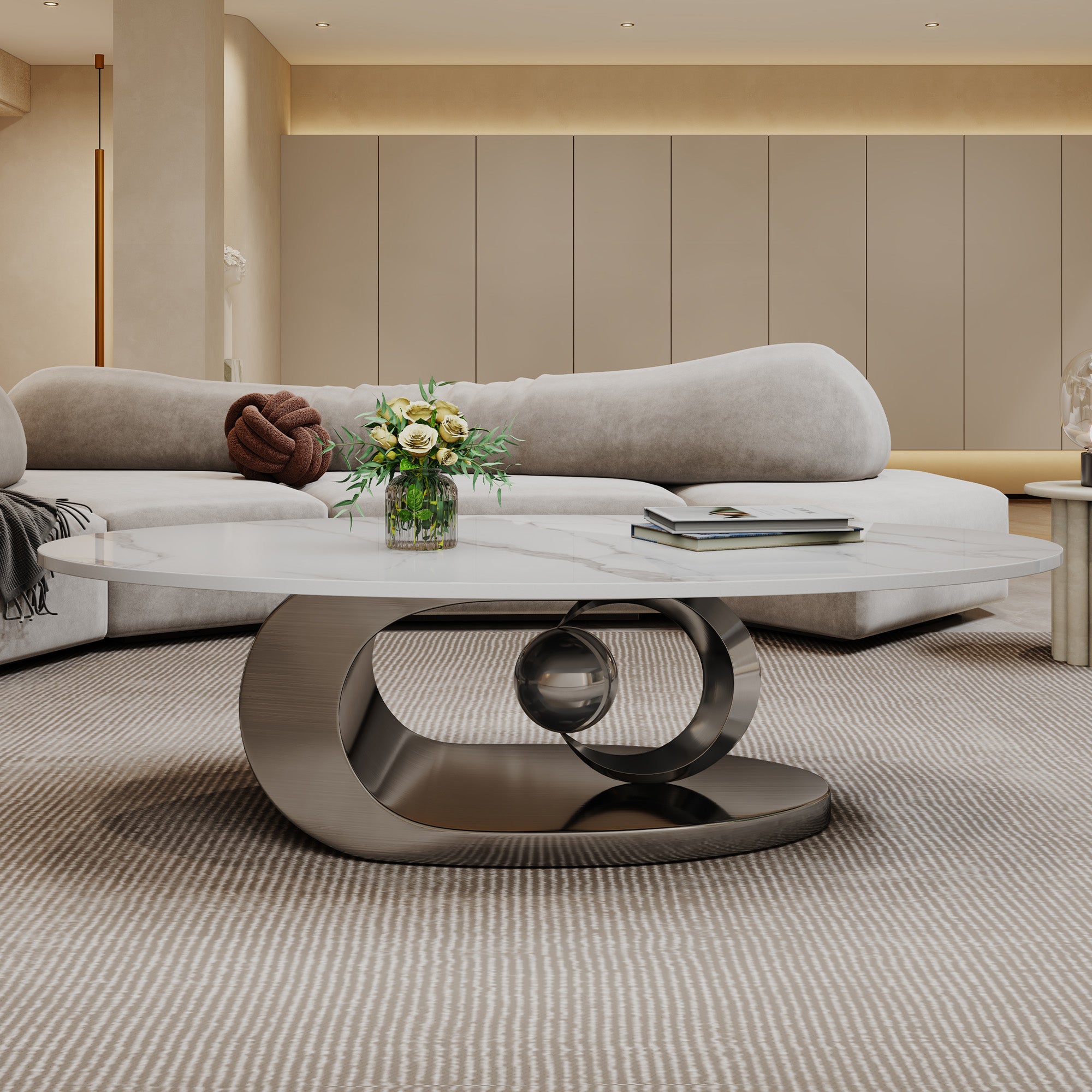 Verona 49.2” Marble White Sculptural Oval Coffee Table with Golden Base