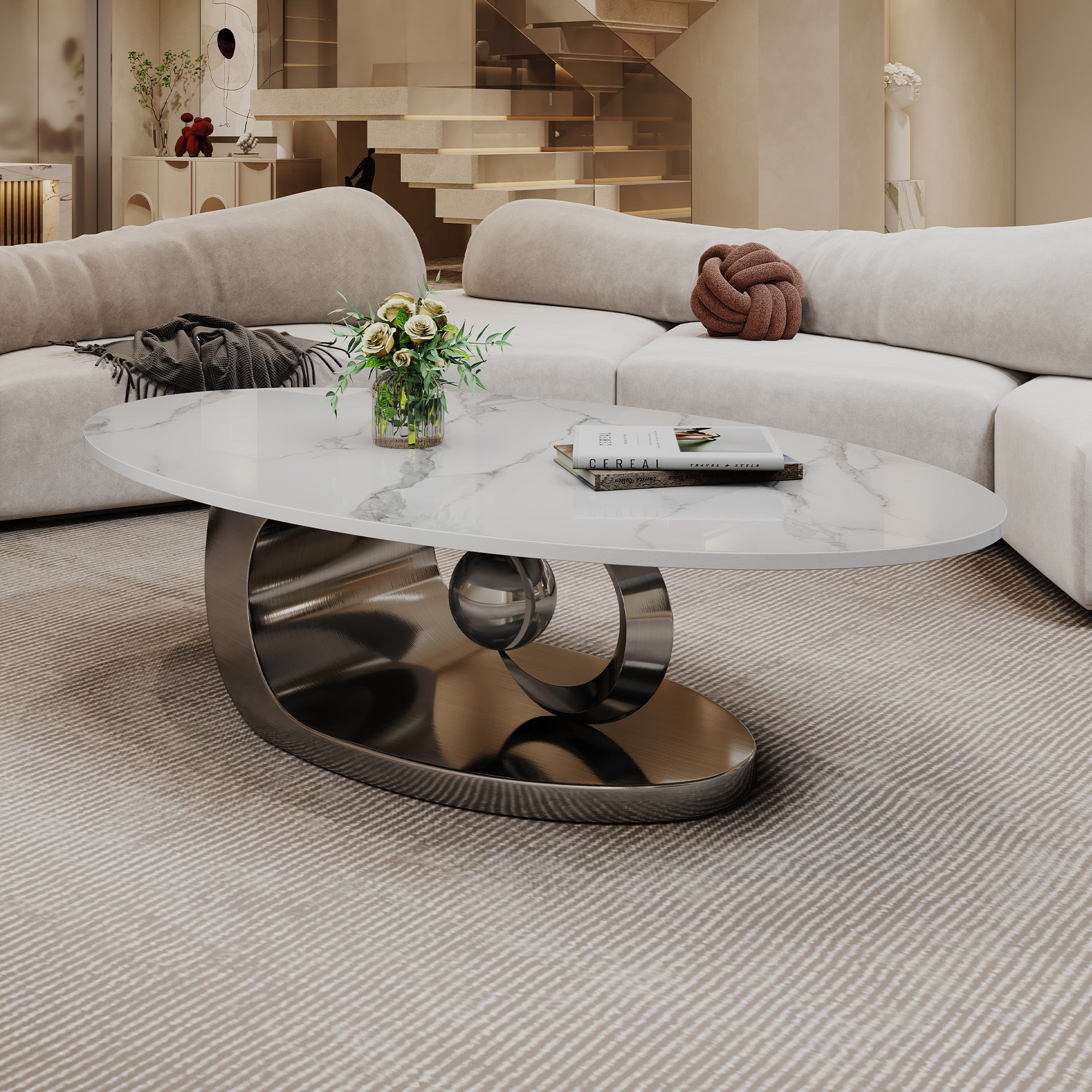 Verona 49.2” Marble White Sculptural Oval Coffee Table with Golden Base