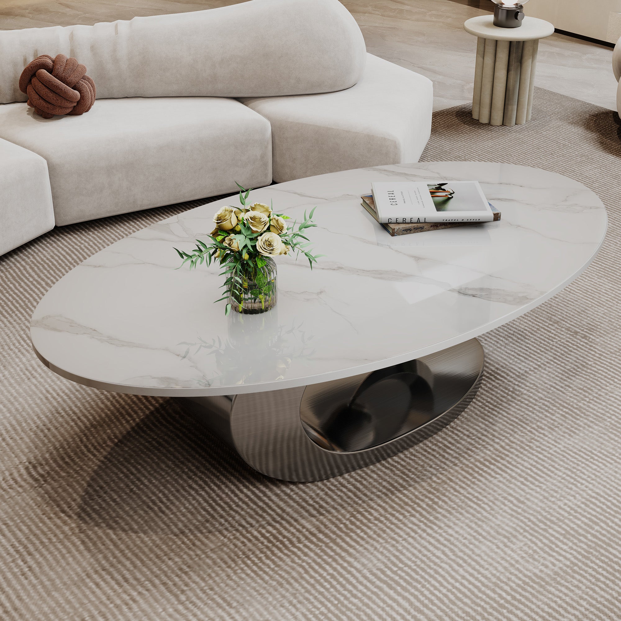 Verona 49.2” Marble White Sculptural Oval Coffee Table with Golden Base