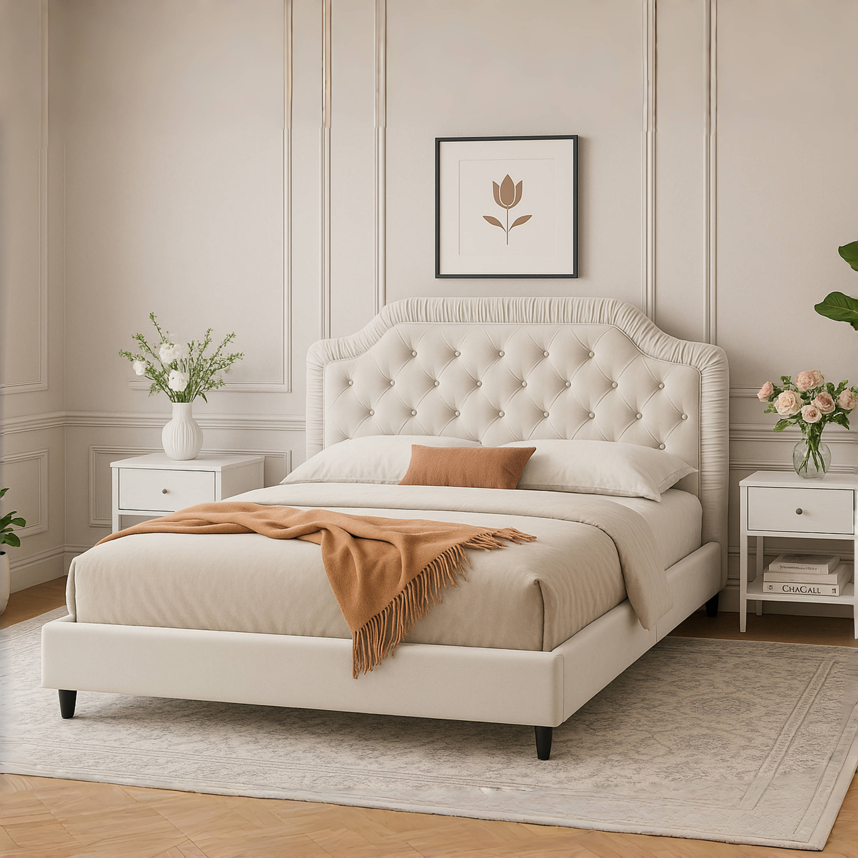 Vienna Queen Size Velvet Upholstered Bed with Tufted Headboard