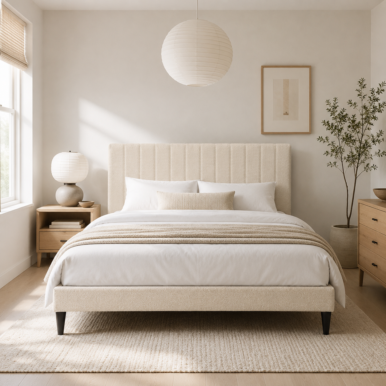 Vivienne Queen Upholstered Platform Bed with Boucle Channel Tufted Headboard