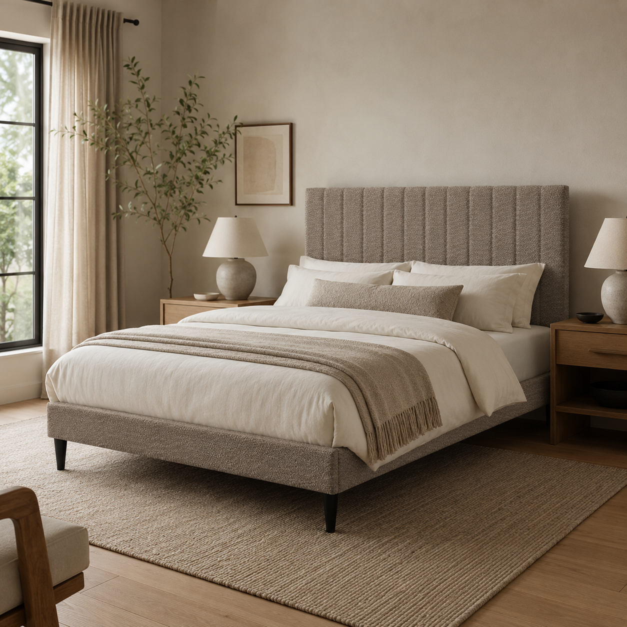 Vivienne Queen Upholstered Platform Bed with Boucle Channel Tufted Headboard
