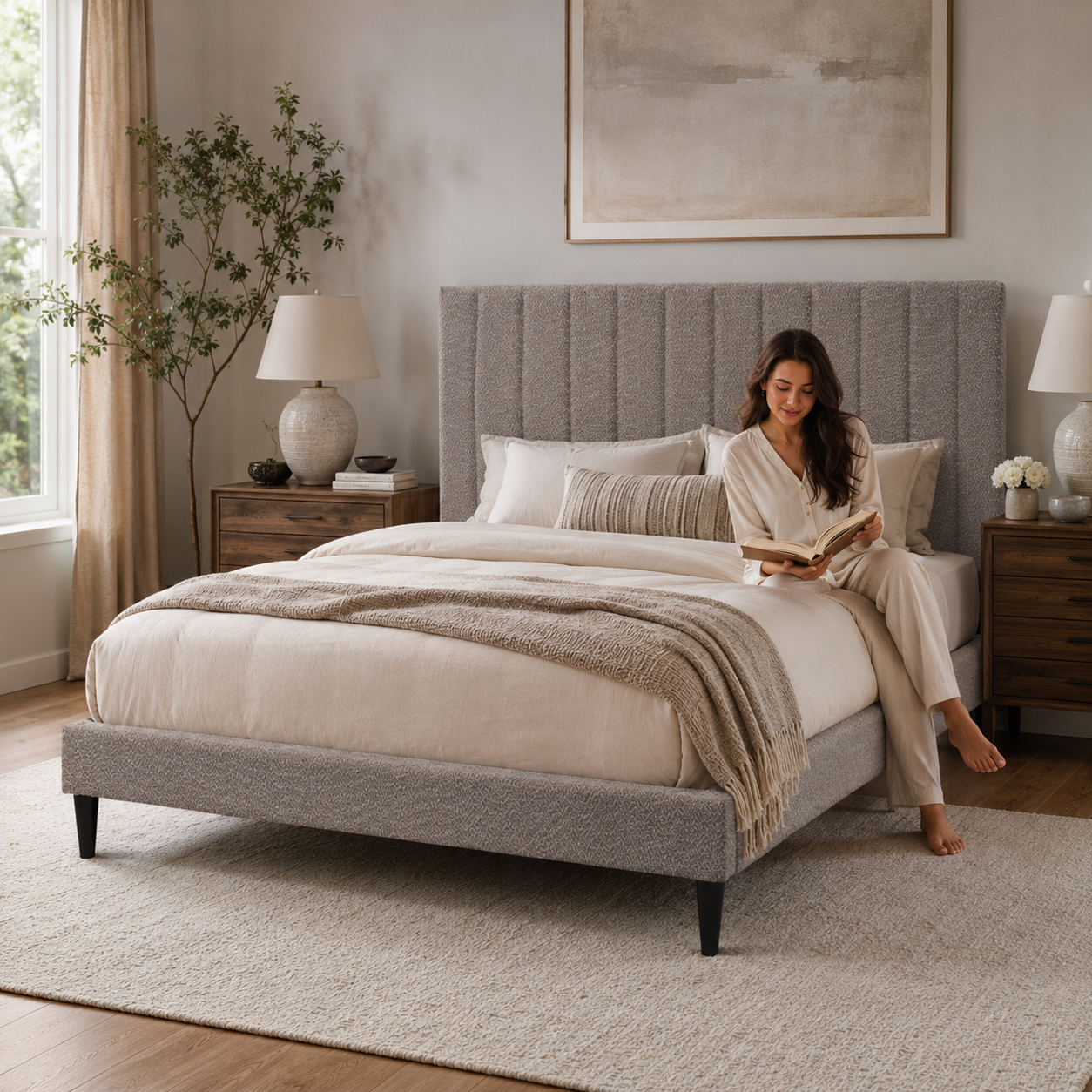 Vivienne Queen Upholstered Platform Bed with Boucle Channel Tufted Headboard